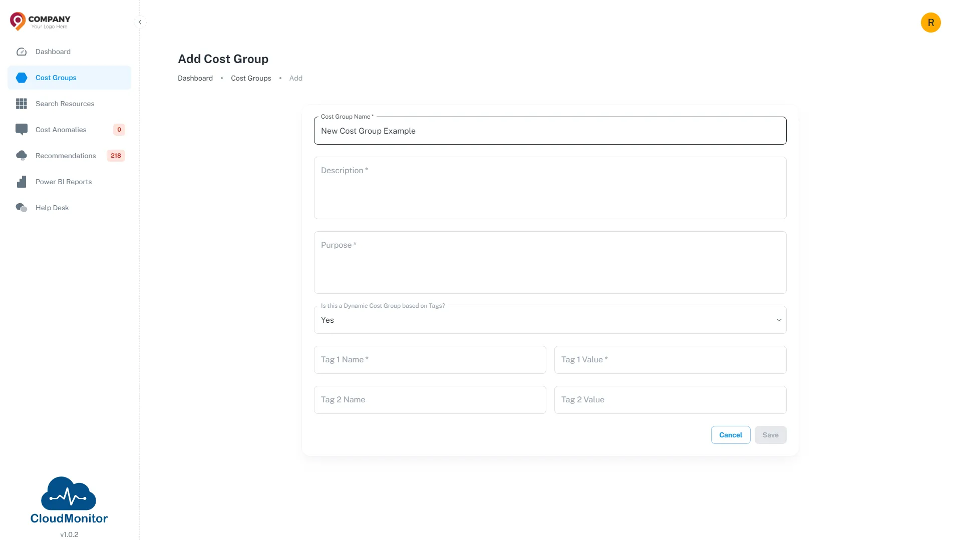 Adding a cost group with dynamic tagging rules in the CloudMonitor Admin App