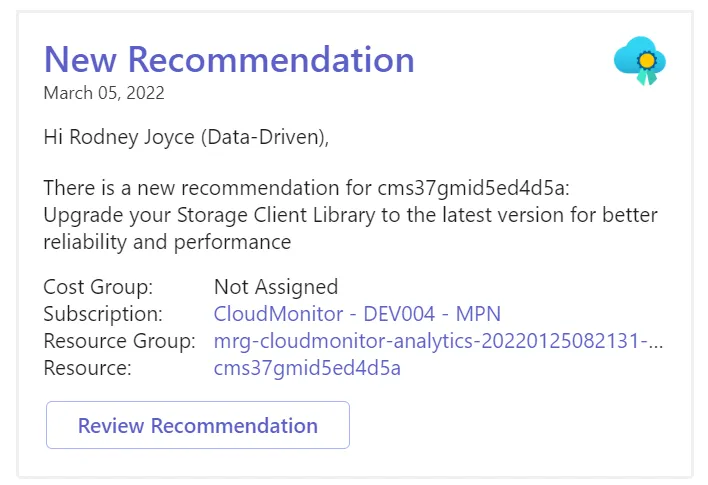 CloudMonitor Microsoft Teams bot delivering a cost alert into a Teams channel