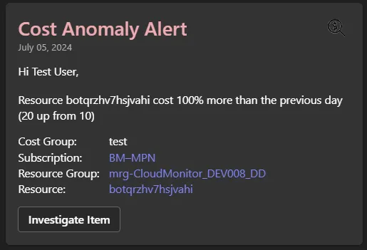 CloudMonitor cost anomaly alert notification delivered to a resource owner