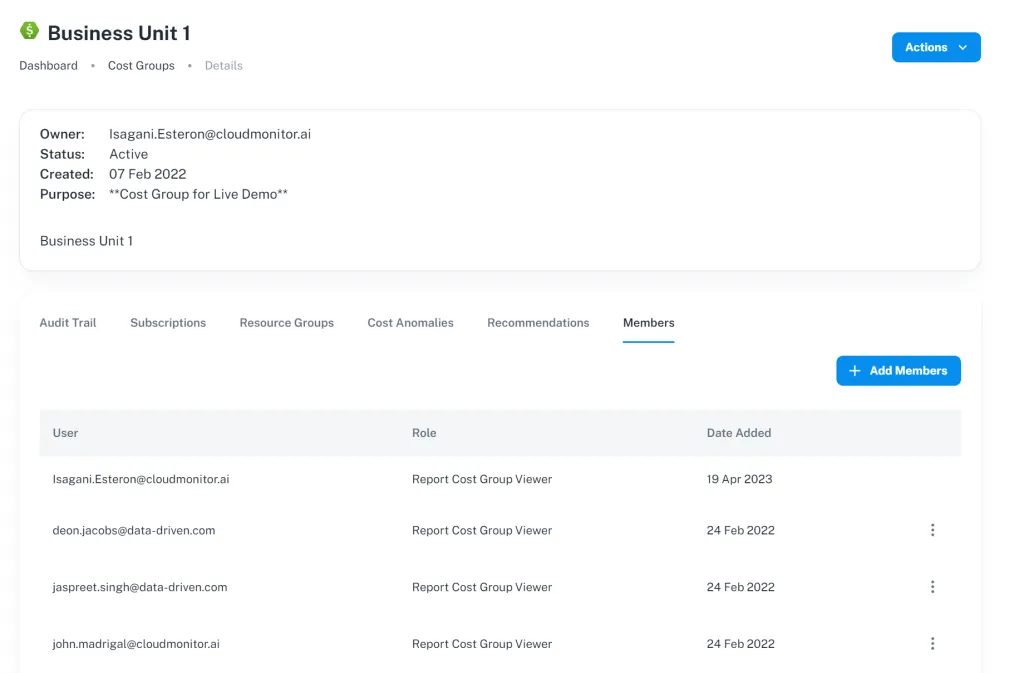 CloudMonitor cost group security settings controlling role-based access to cost data