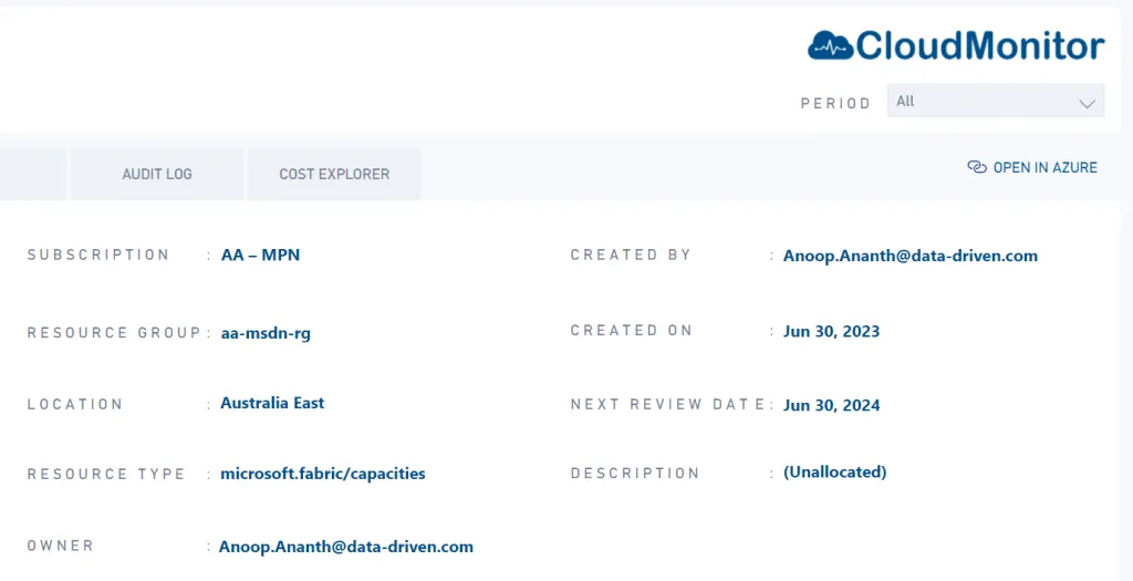 CloudMonitor governance dashboard with role-based access and audit trail