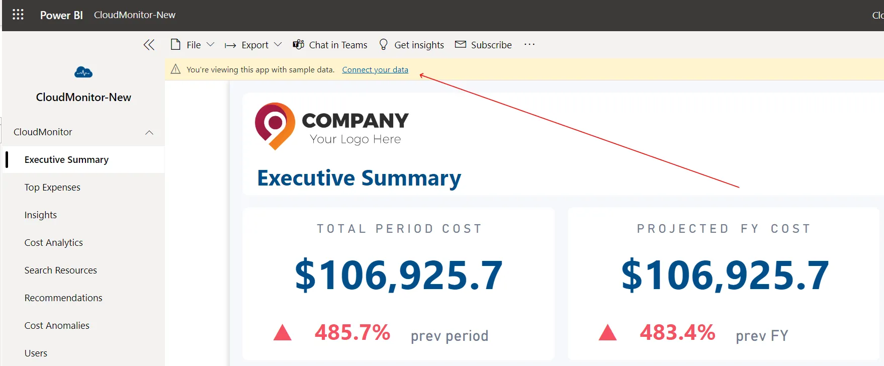 Connecting Power BI to the CloudMonitor analytics engine data source picker