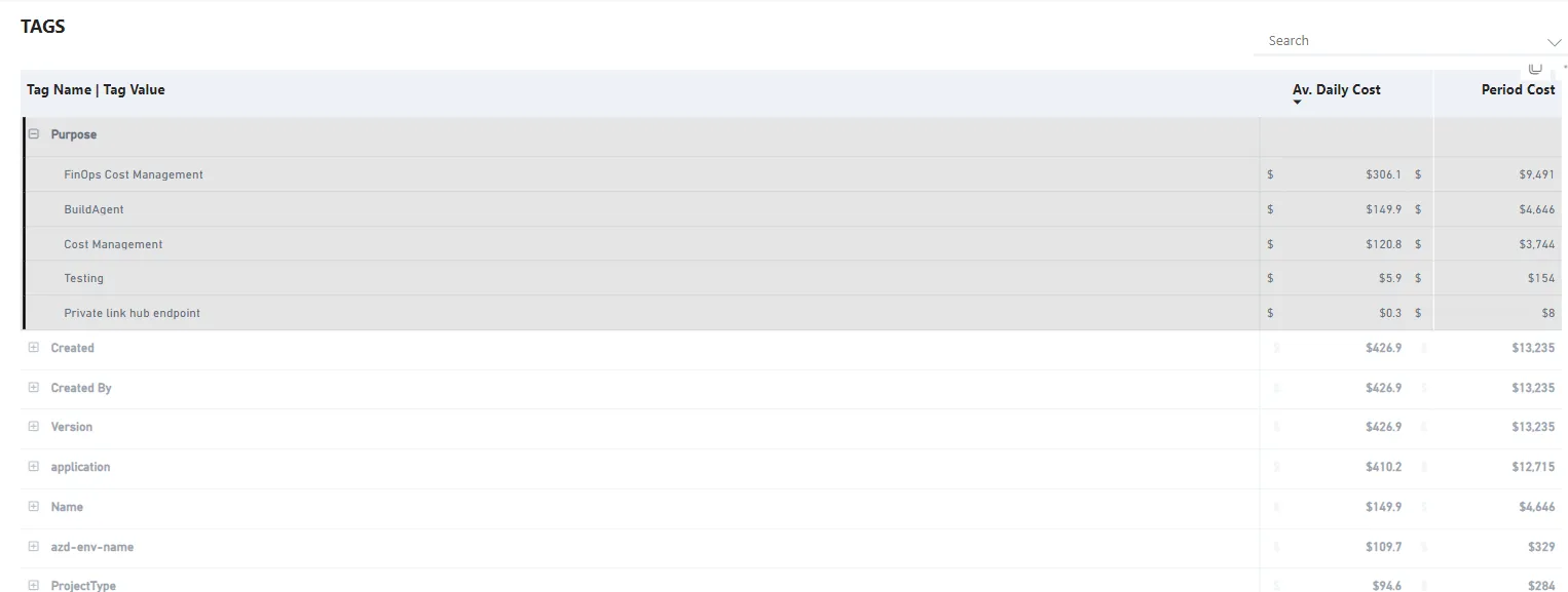CloudMonitor tag governance view with applied and missing tags