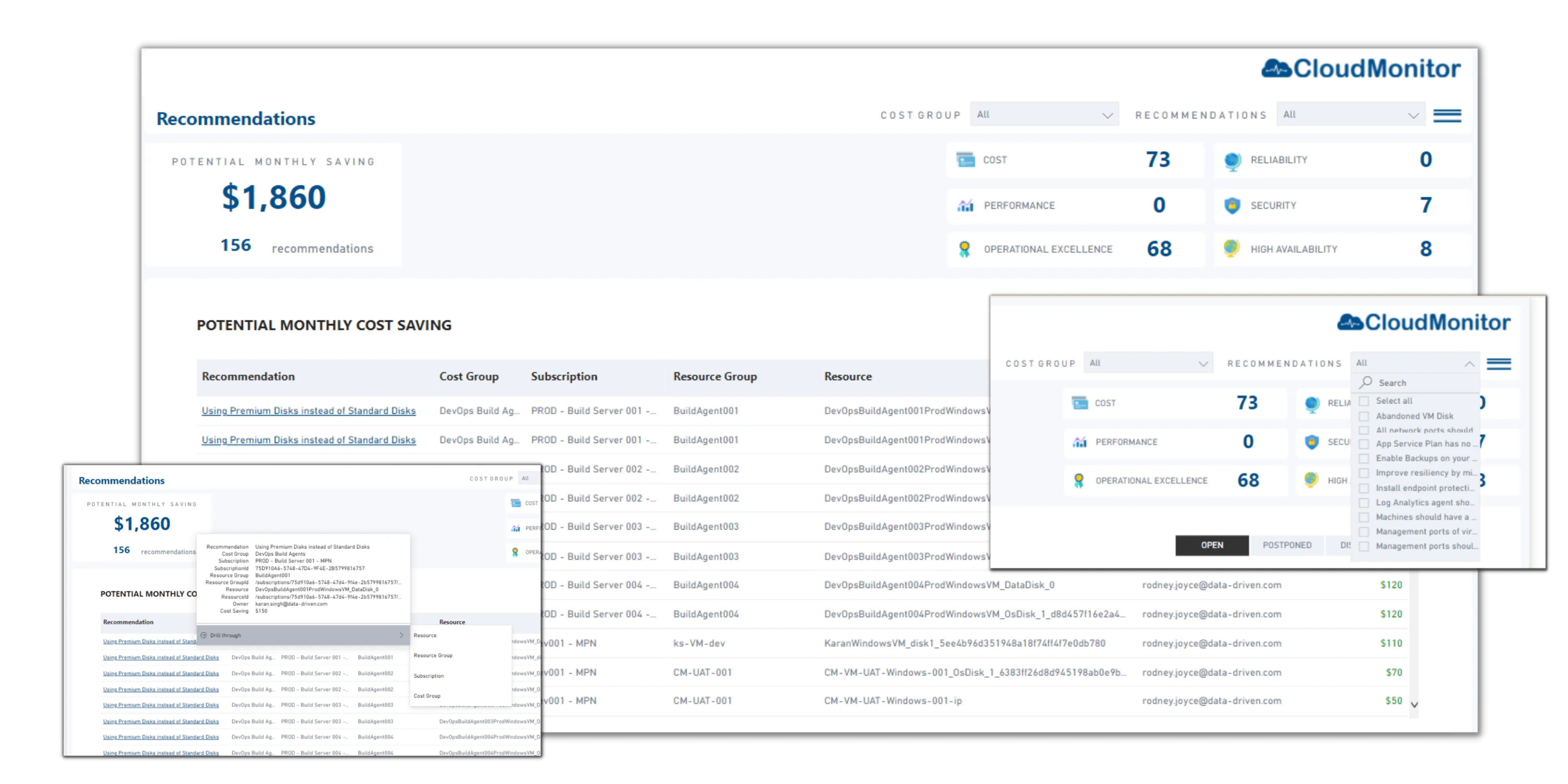 CloudMonitor view explaining cloud cost drivers by resource and tag
