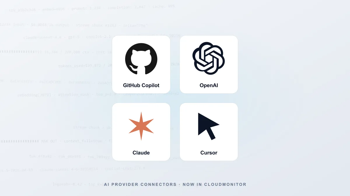 Four AI provider tiles — GitHub Copilot, OpenAI, Claude, and Cursor — arranged in a 2x2 grid on a light grey background covered in faint token IDs, model names, hex strings, and maxed-out usage meters