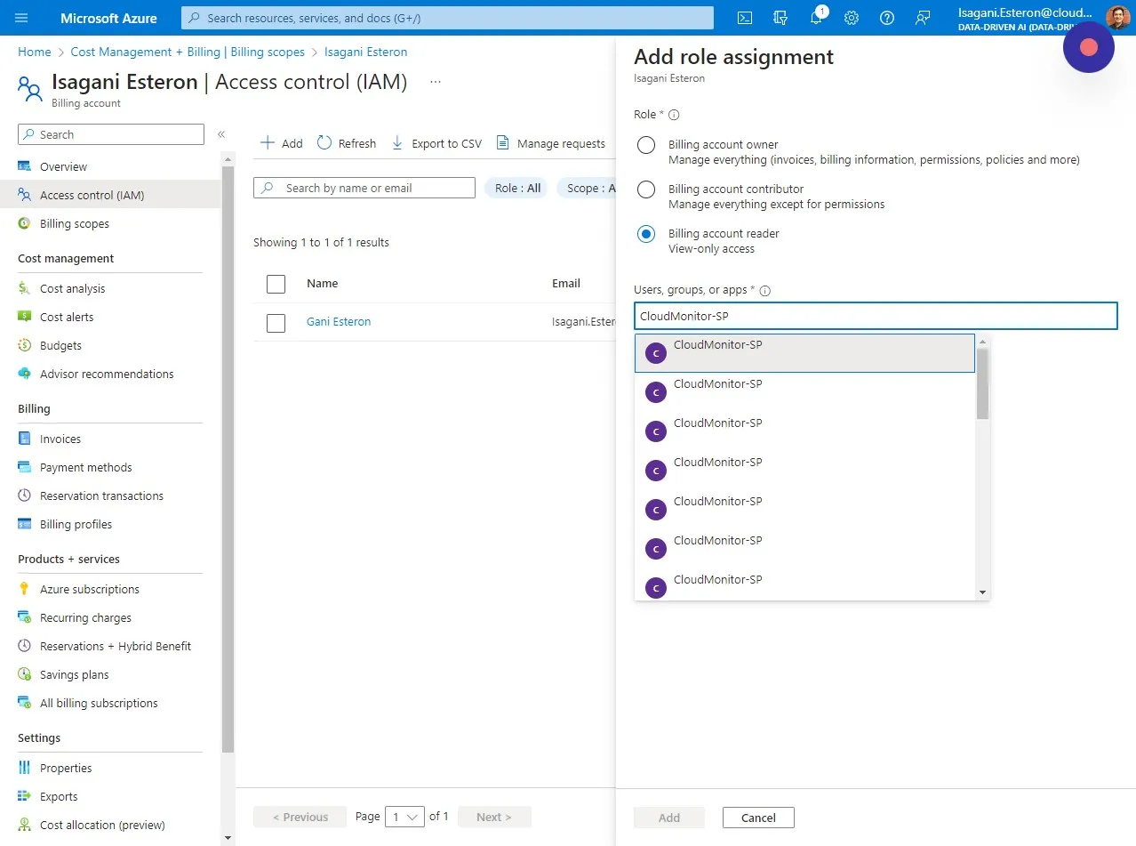 Select the Service Principal you created for CloudMonitor and click on Add