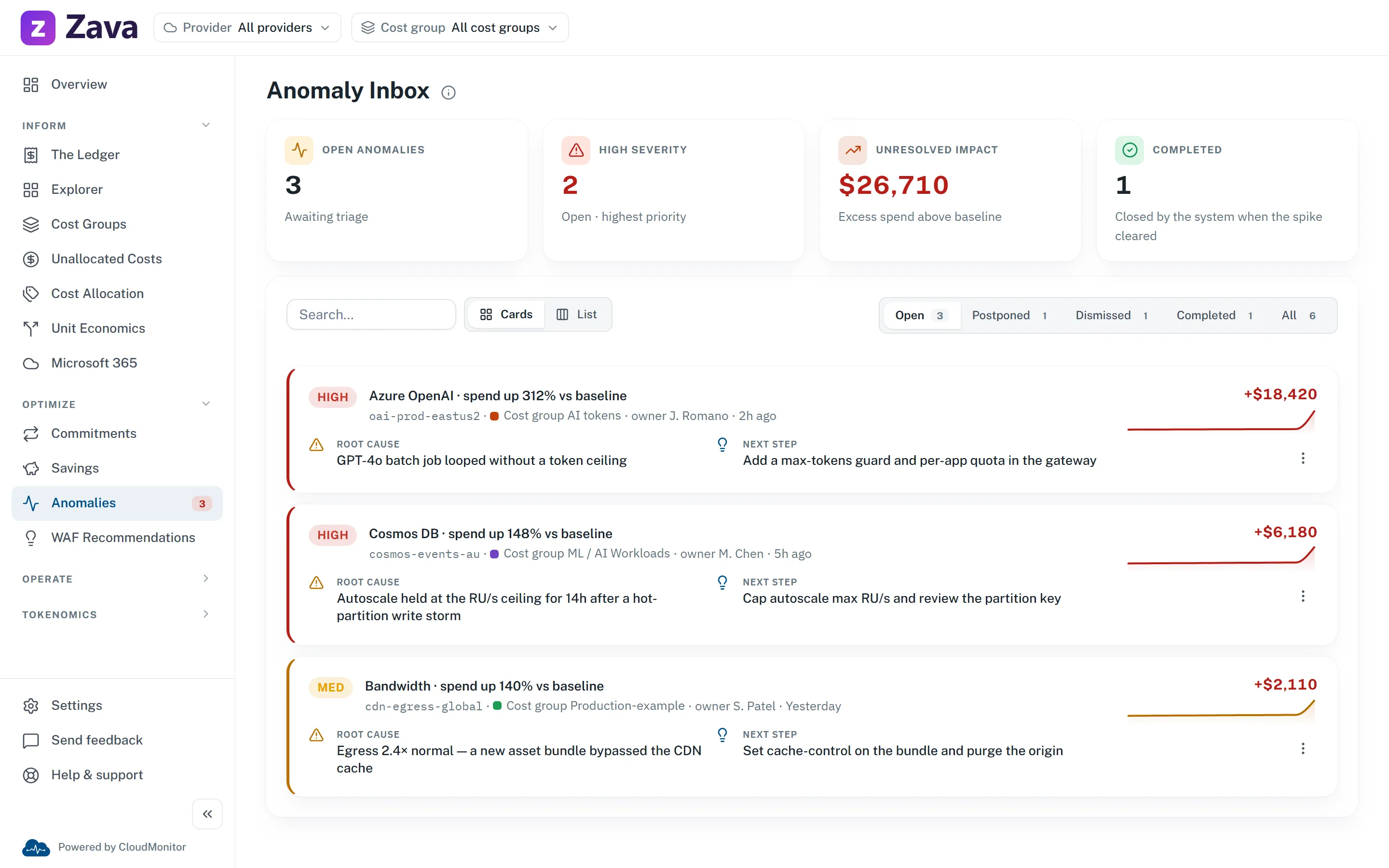 The Anomaly Inbox listing detected cost spikes with severity, root cause, owner and next step