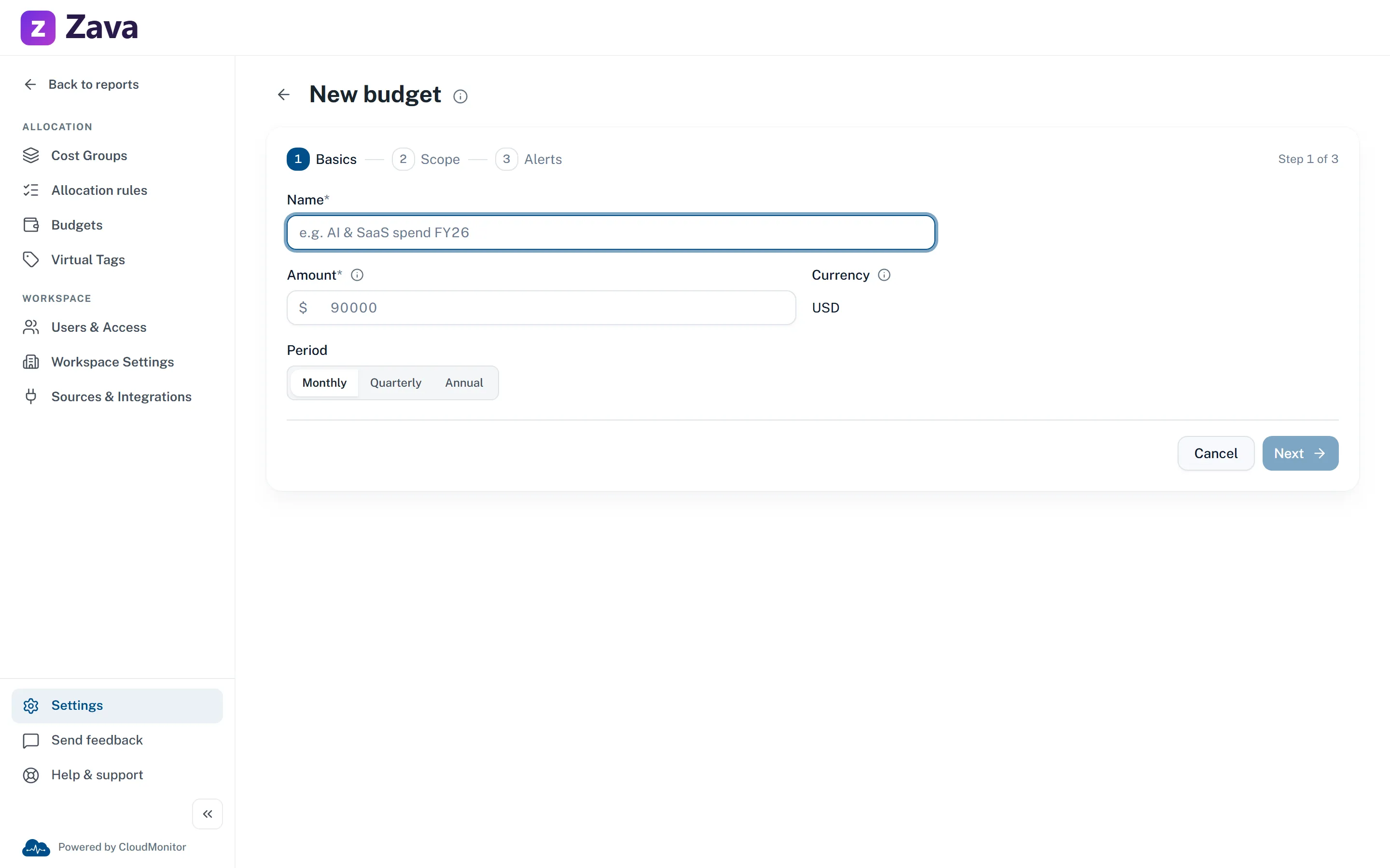 Step one of the New budget wizard, showing Name, Amount, read-only Currency and the Period selector