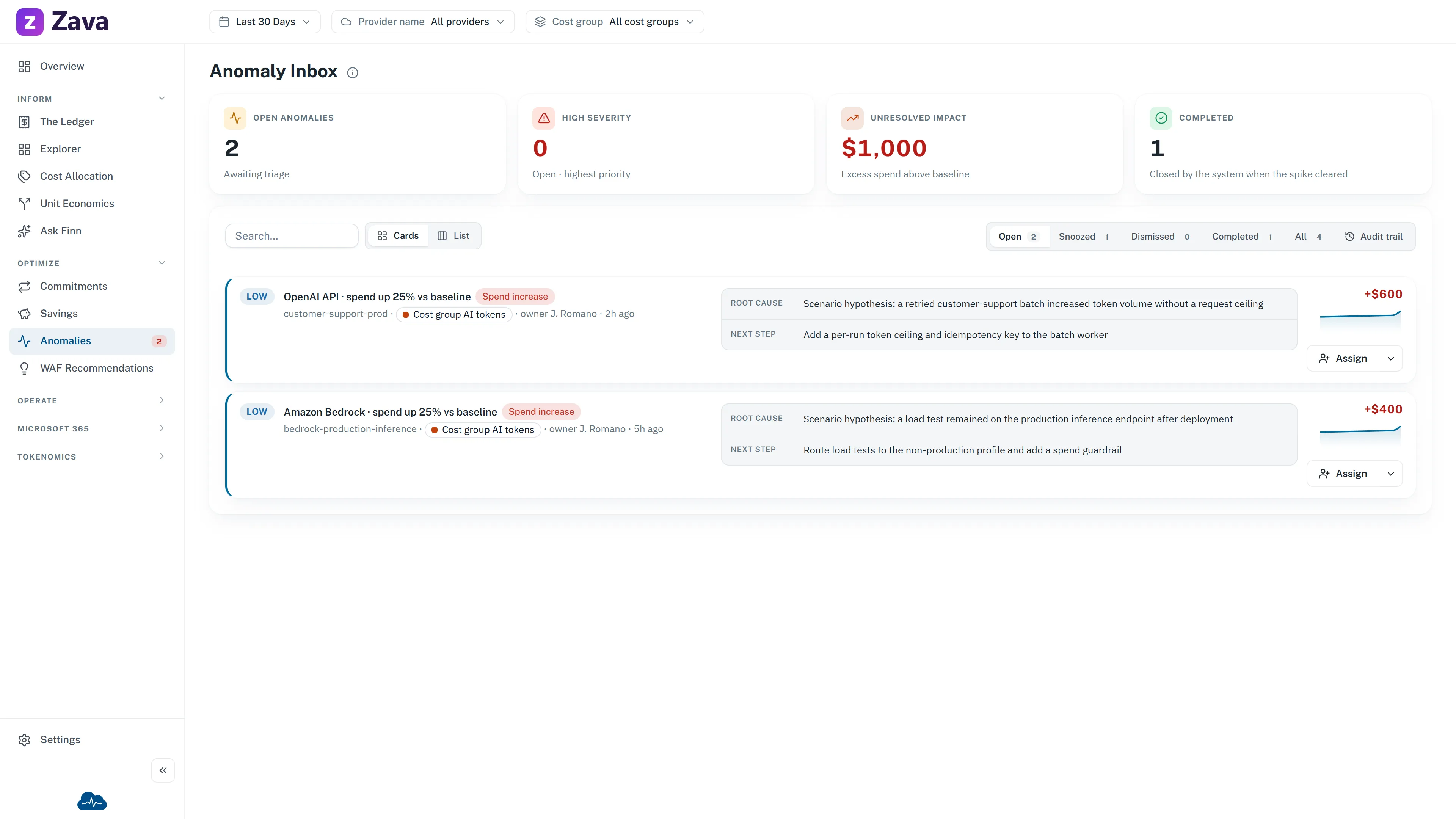 Example Anomaly Inbox showing detected cost changes, root causes and next steps