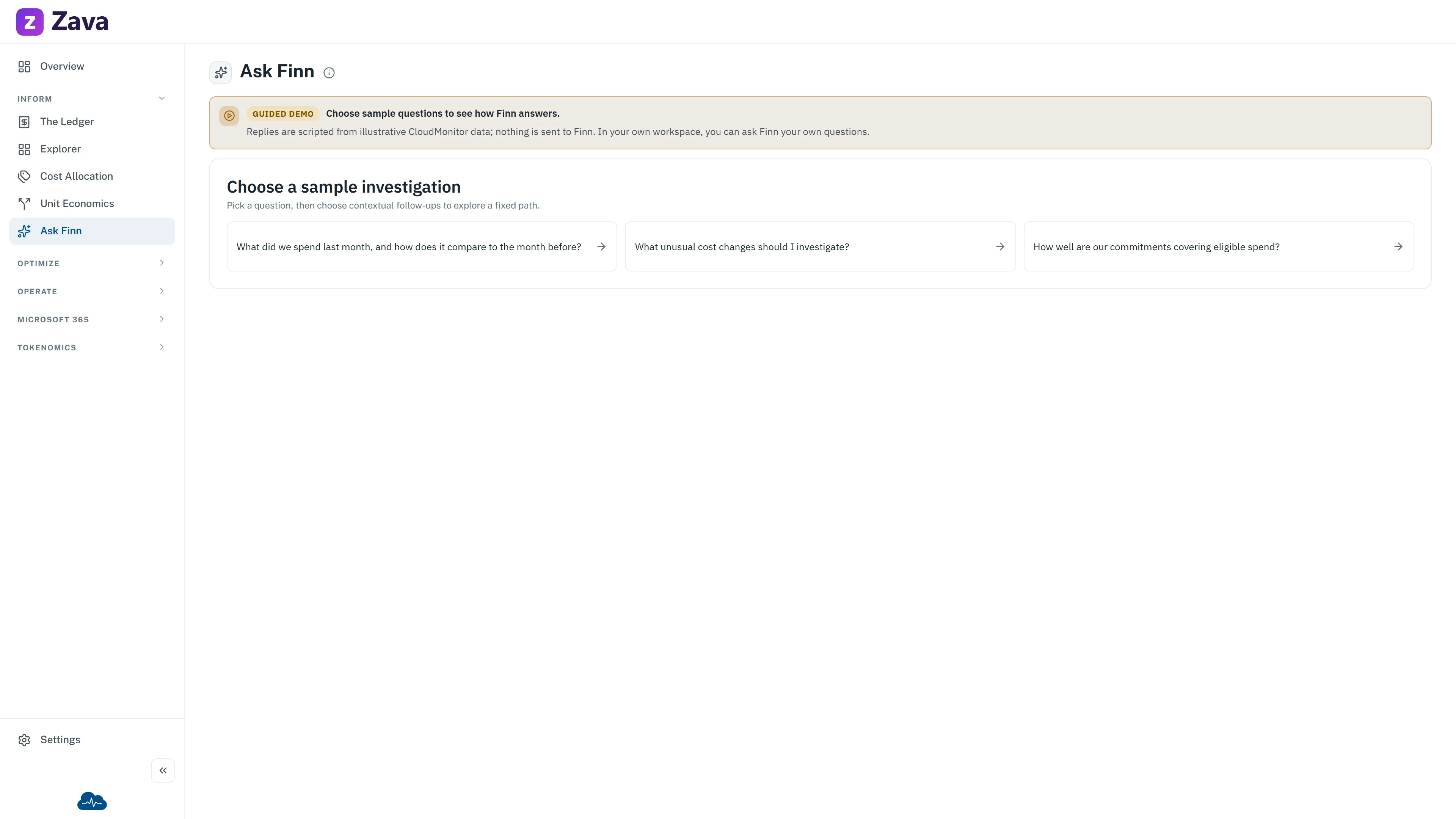 Example Ask Finn guided demo showing the available sample investigations