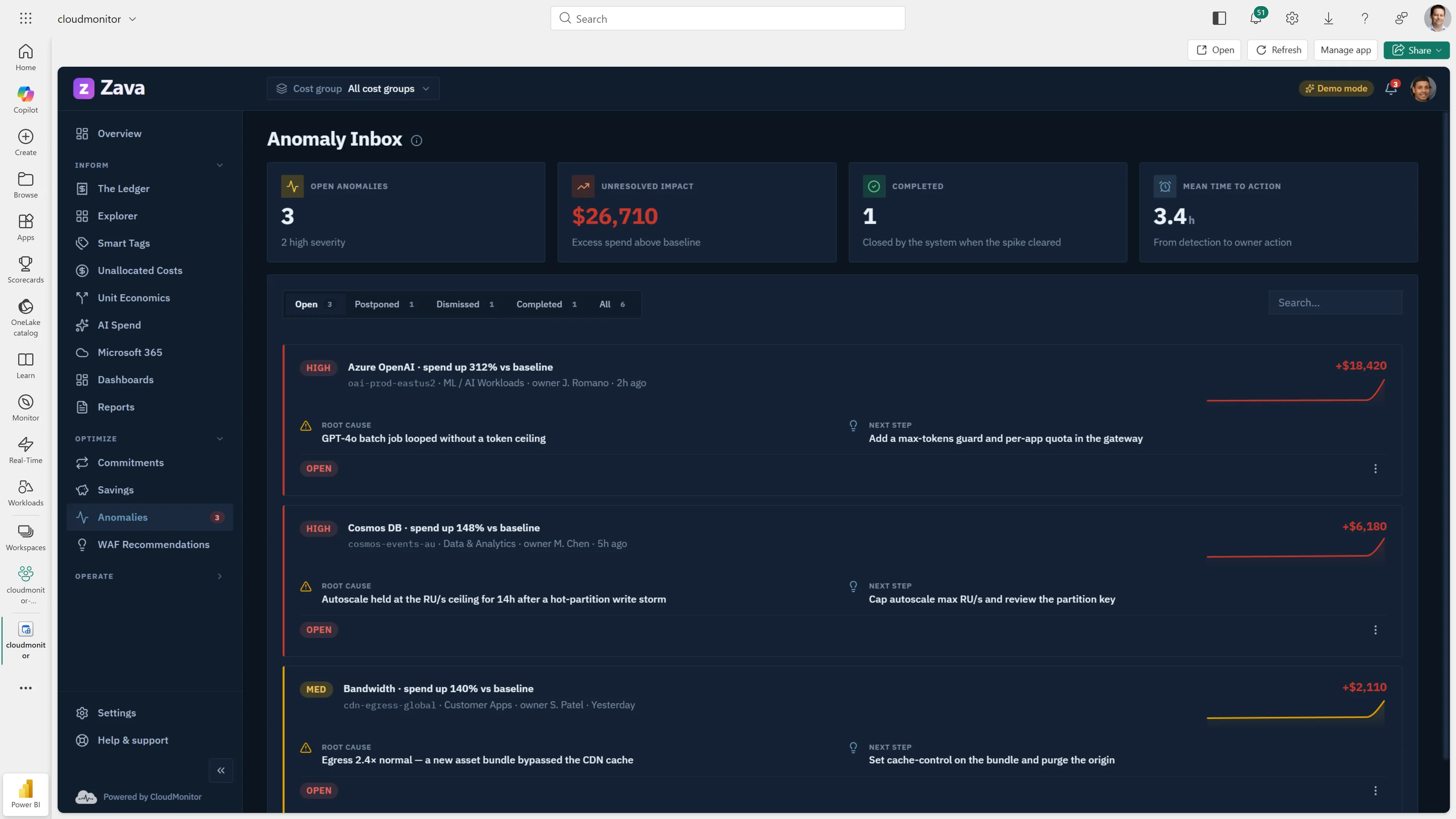 CloudMonitor Anomaly Inbox ranking cost spikes by impact, dark theme