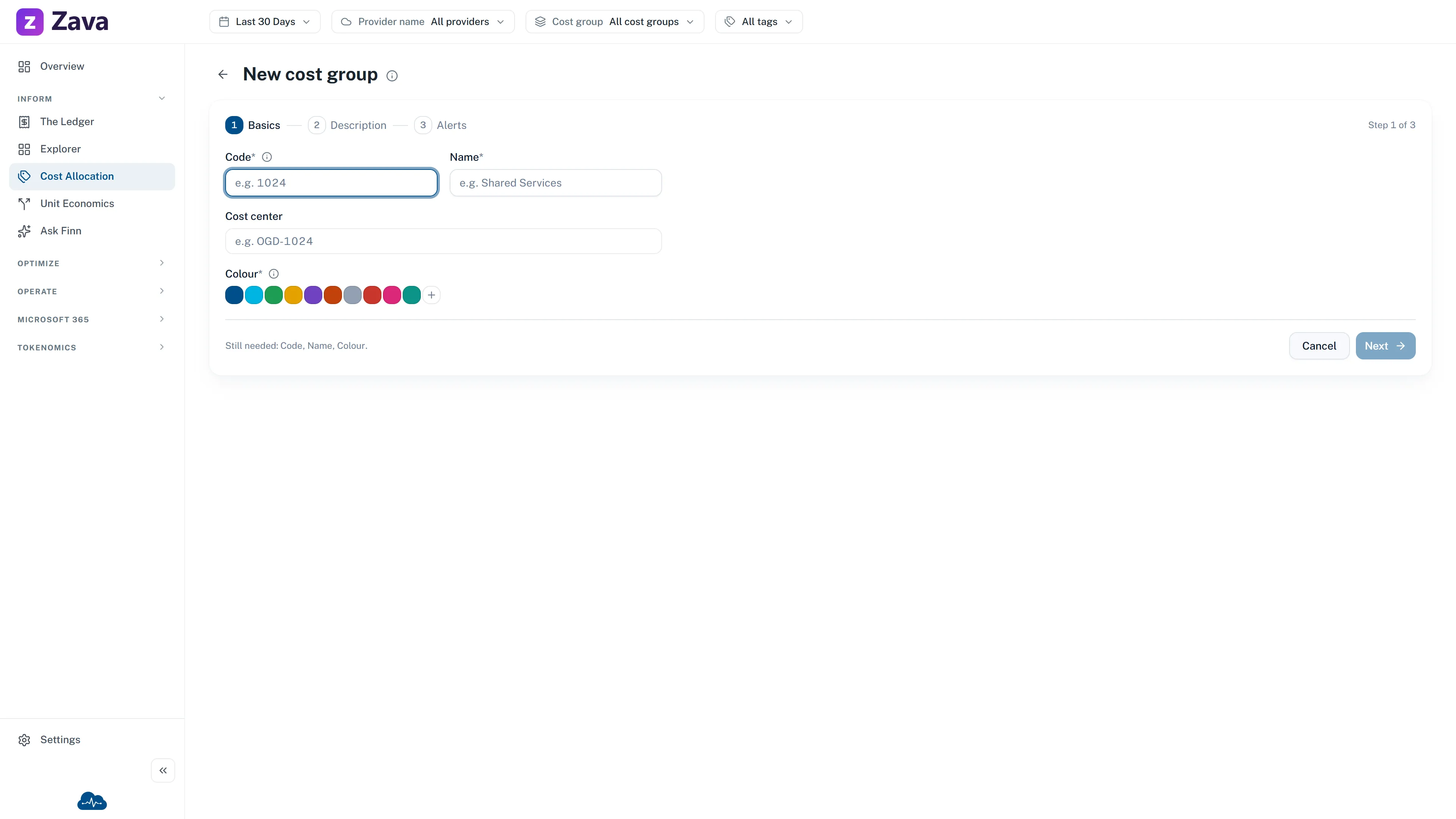 Example New cost group wizard showing the Basics step