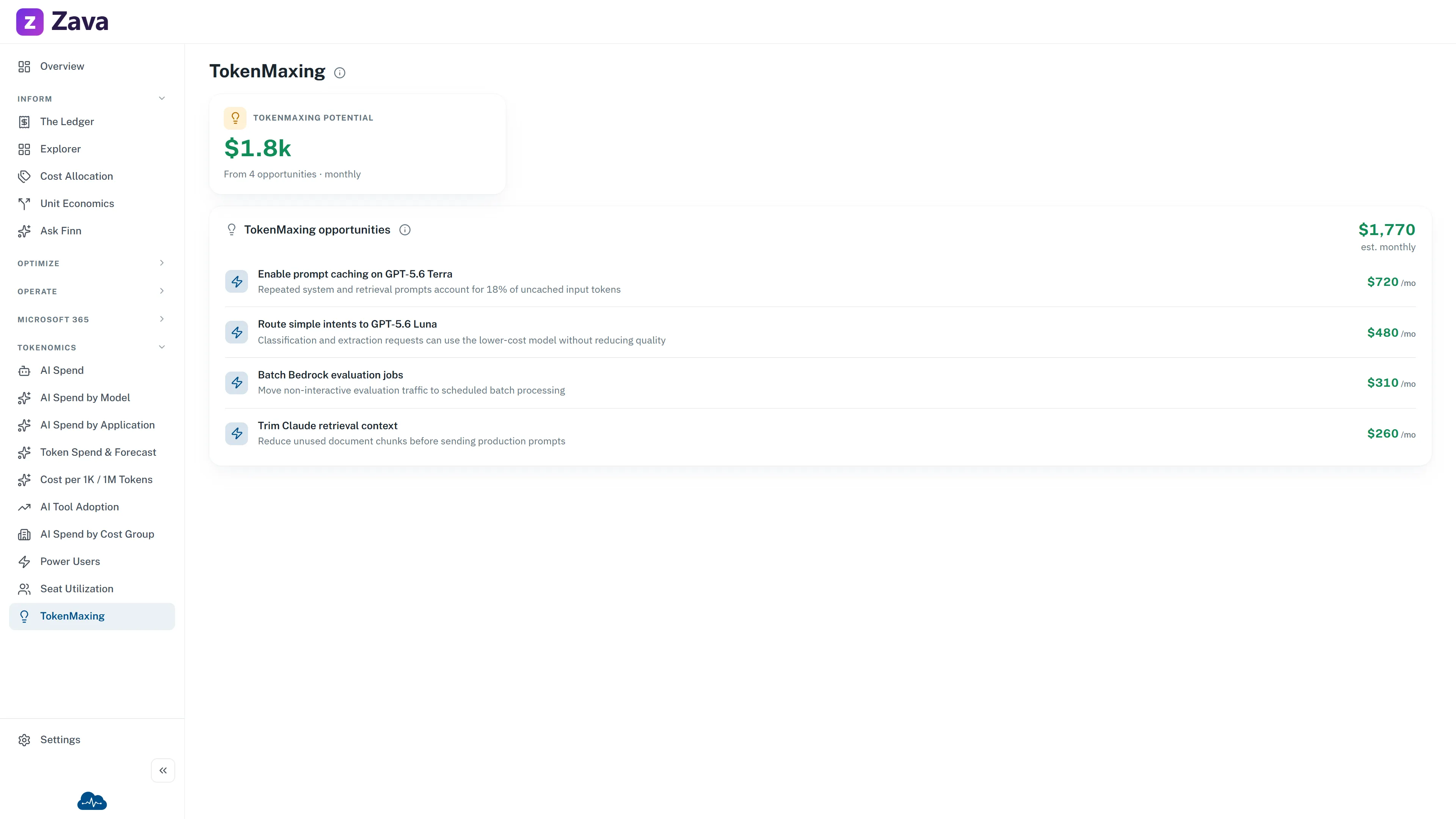 Example TokenMaxing showing AI cost optimisation opportunities