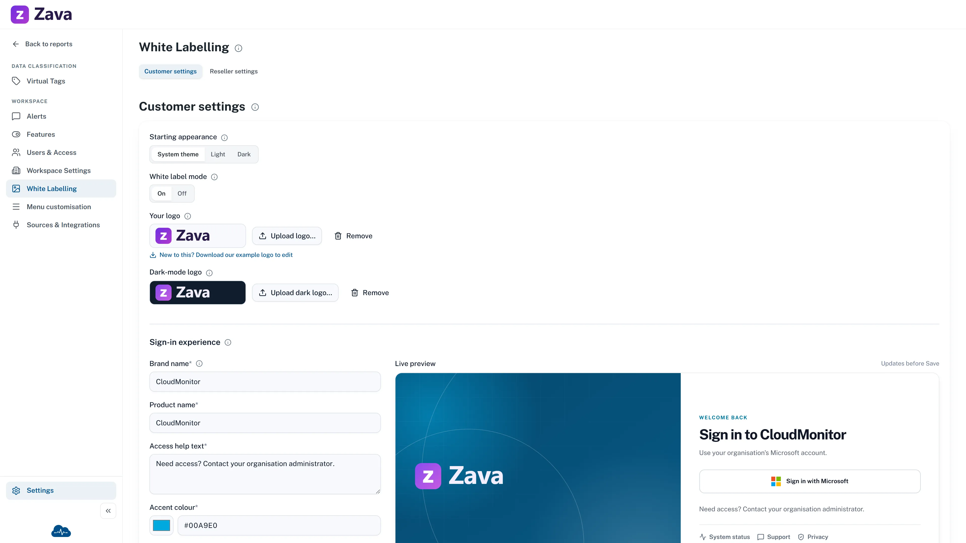 Example White Labelling screen with customer branding controls, logo uploads and sign-in preview