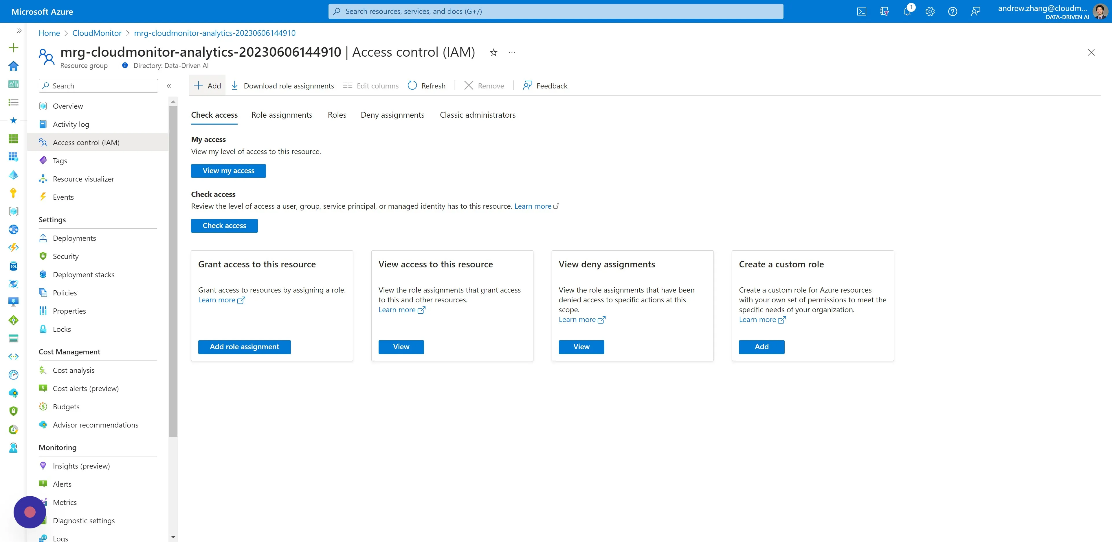 Navigate to Access Control (IAM) and click "Add"