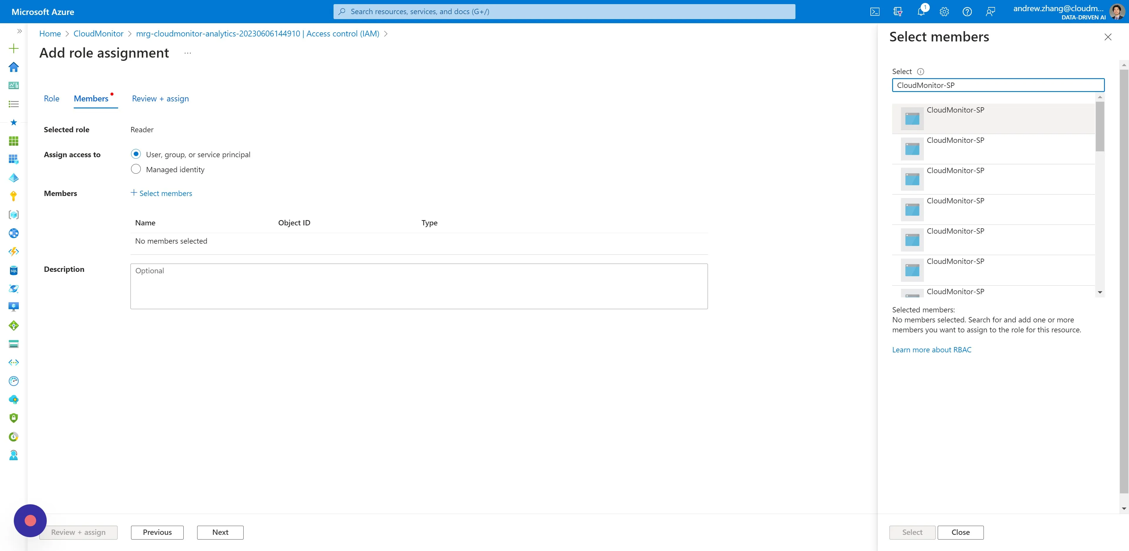 Search for and select the CloudMonitor Service Principal name