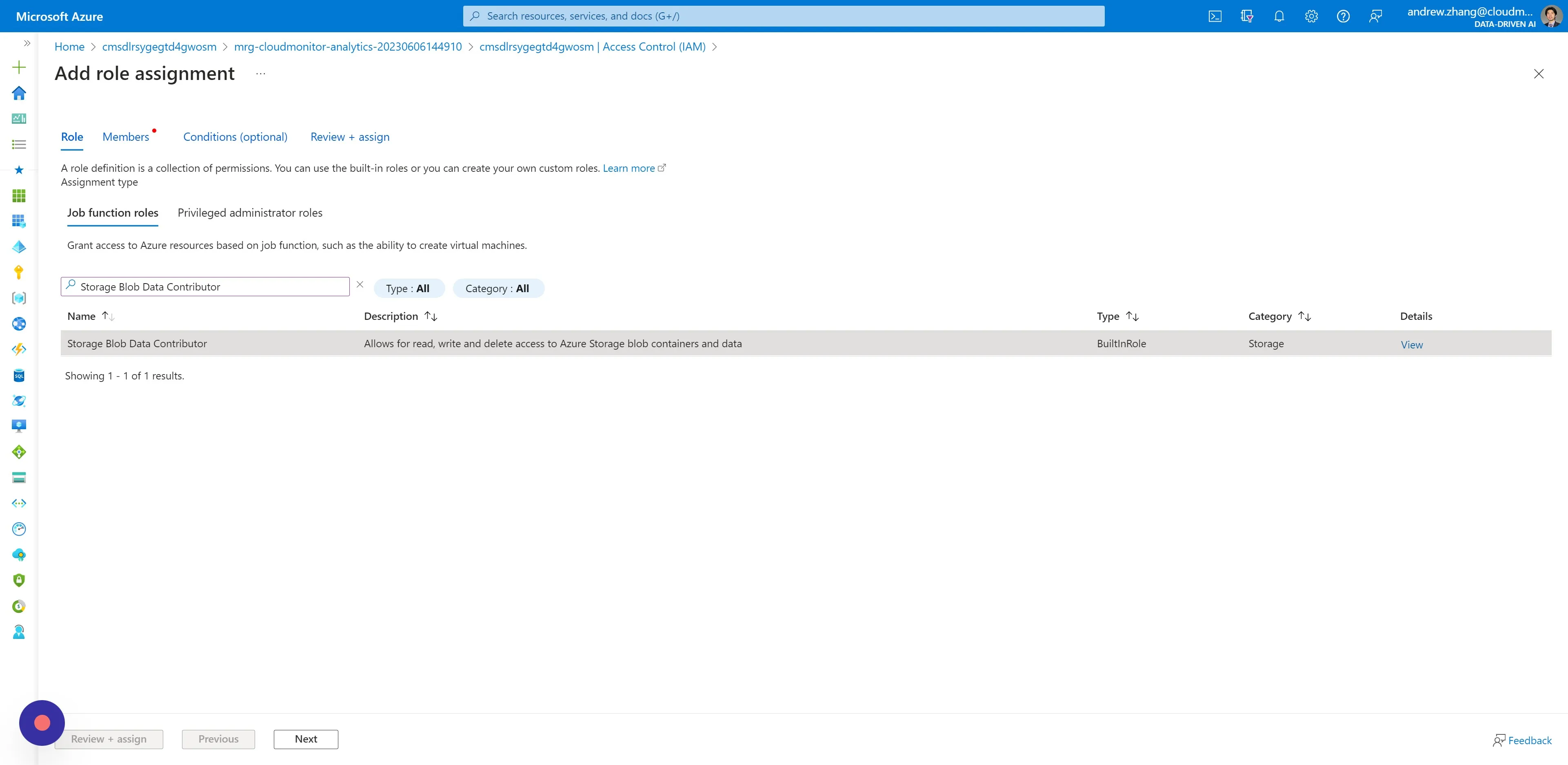 Select "Storage Blob Data Contributor" as the role