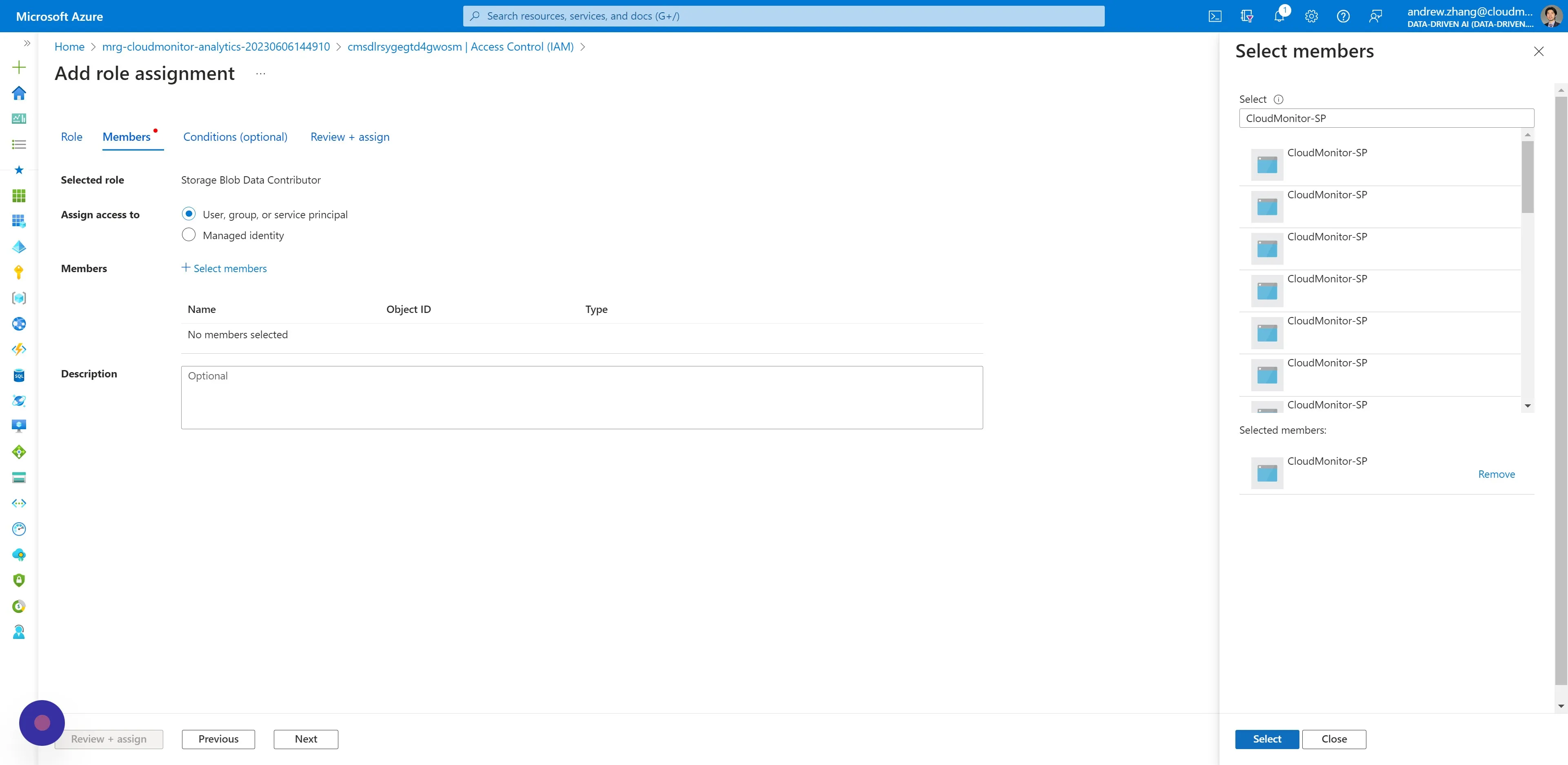 Search for and select your CloudMonitor Service Principal name