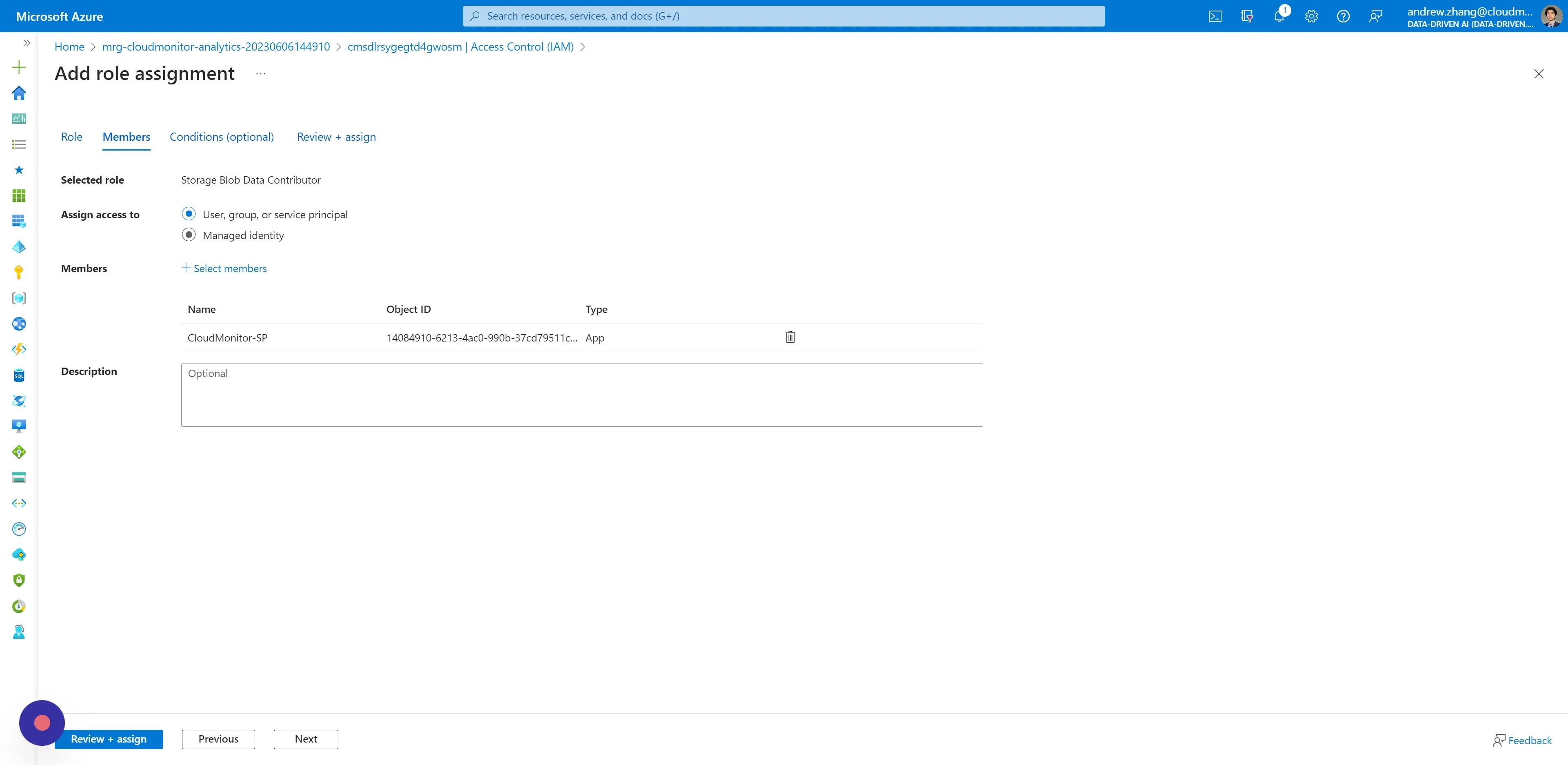 Then back to the Members tab, tick the option "Managed identity"