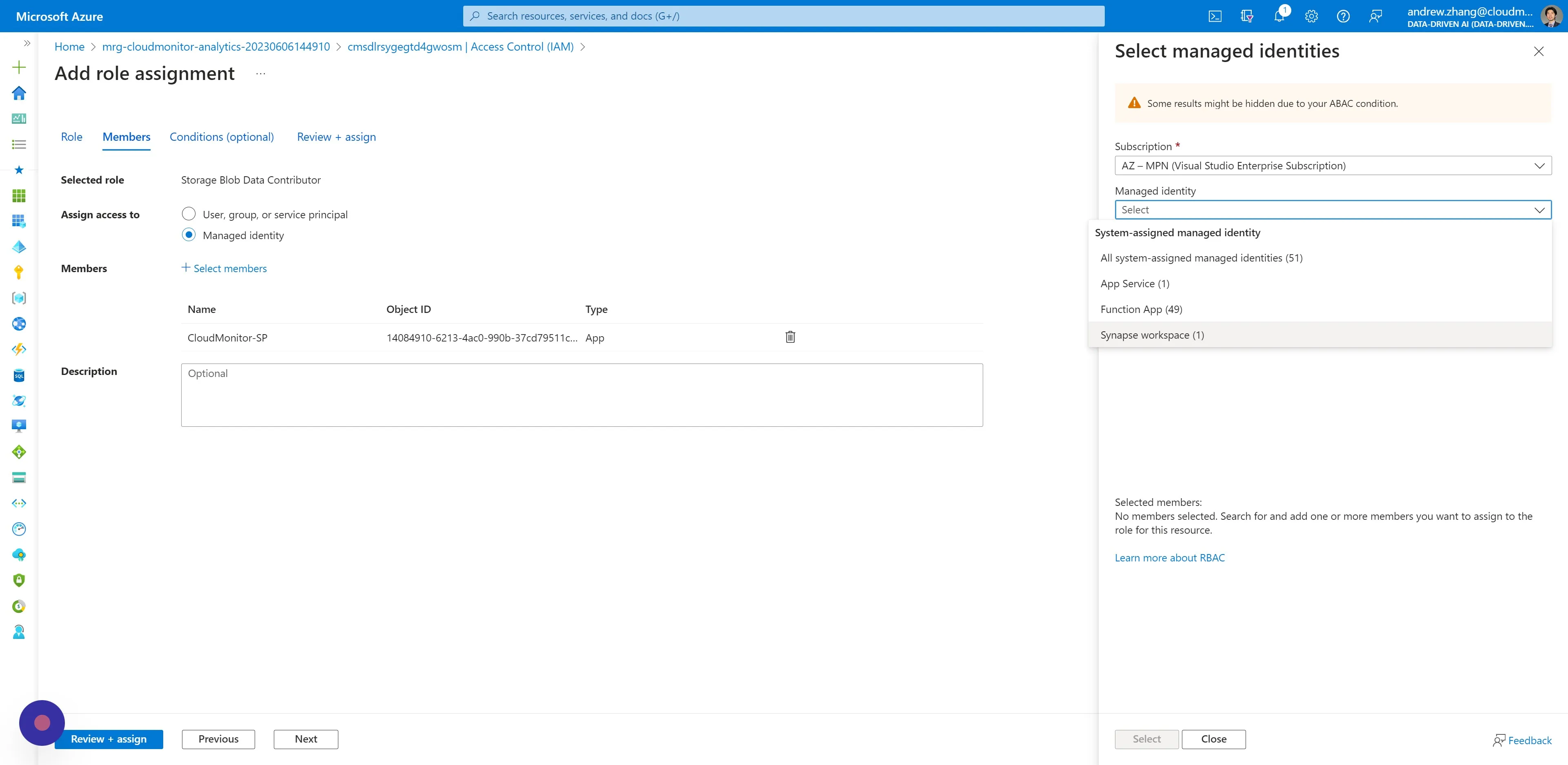 Select "Synapse workspace" for the Managed identity option