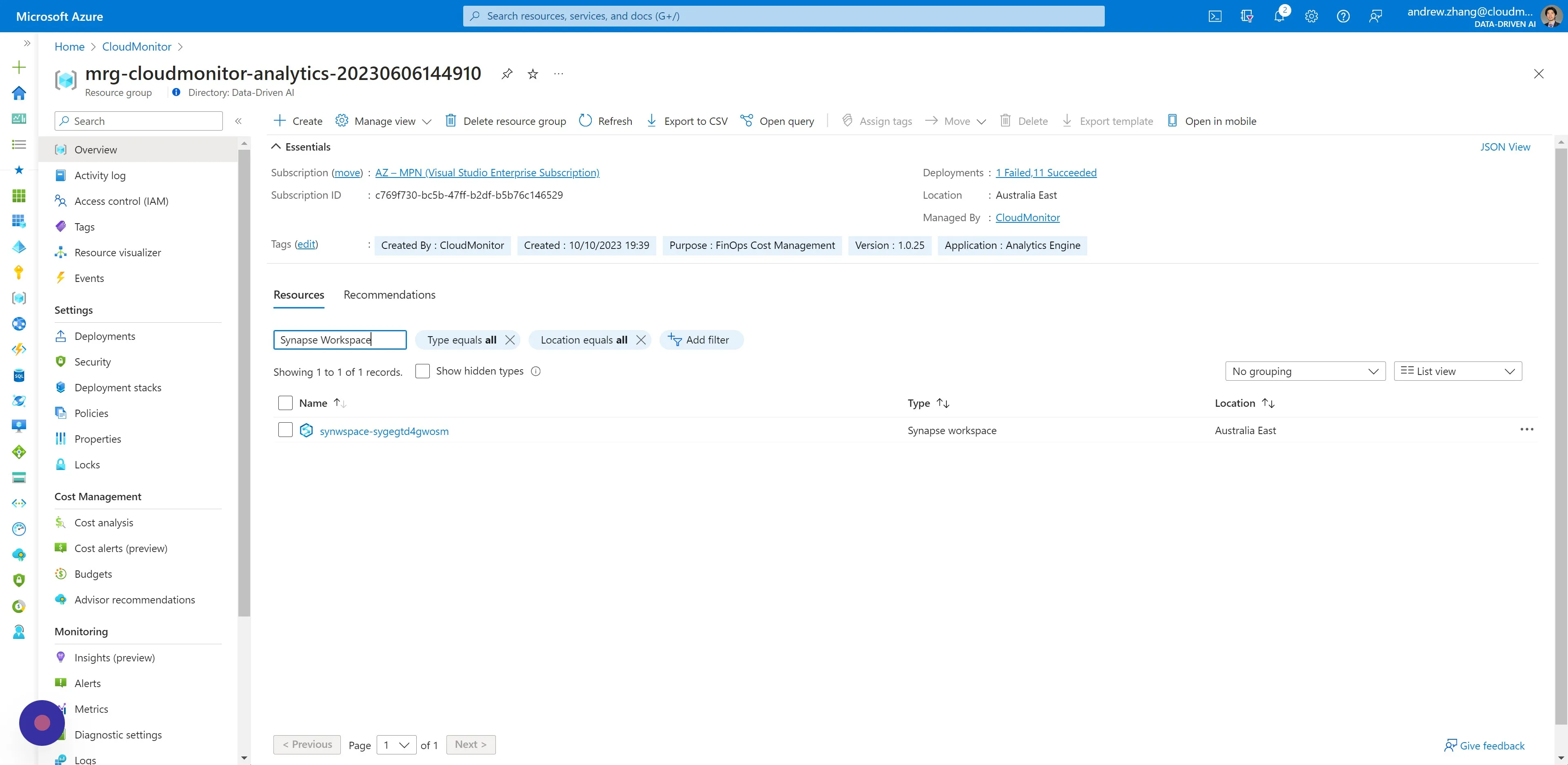 Search for "Synapse Workspace" in the filter field. 2. Then click the Synapse Workspace Resource returned