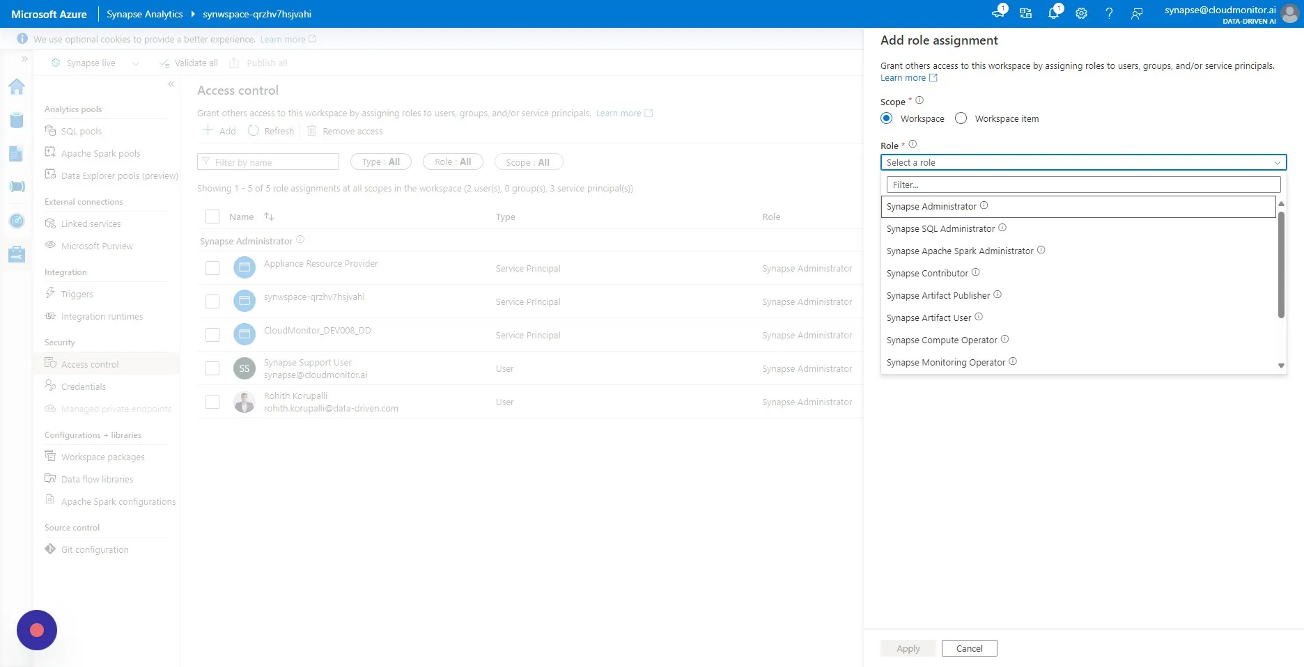 Click the "Select a role" field, and select "Synapse Administrator" as the role