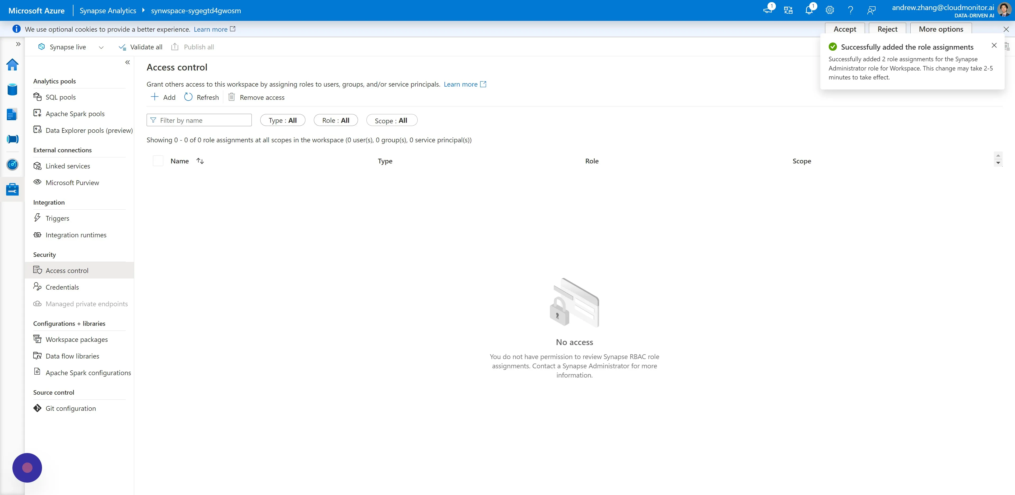 You will receive a notification for successfully assigning the Synapse Administrator Role