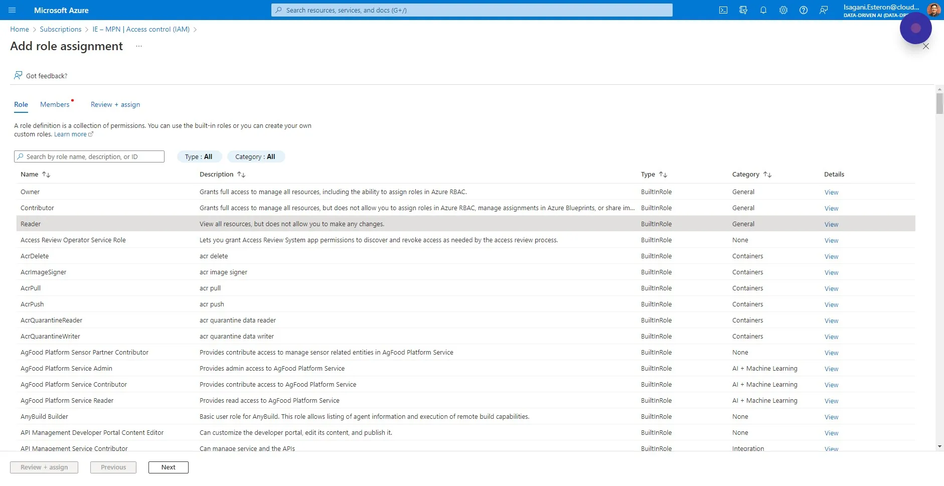 Select the "Reader" role. This only allows CloudMonitor to read service-plane metadata and costs, but not the contents inside of services…