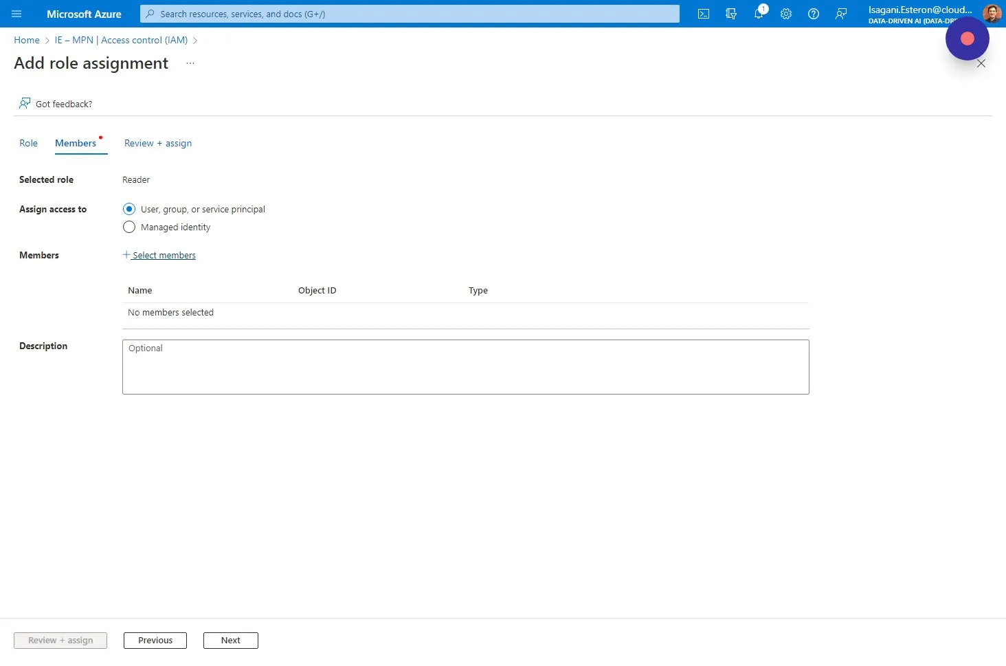 Choose "User, group, or service principal" and click "Select members"