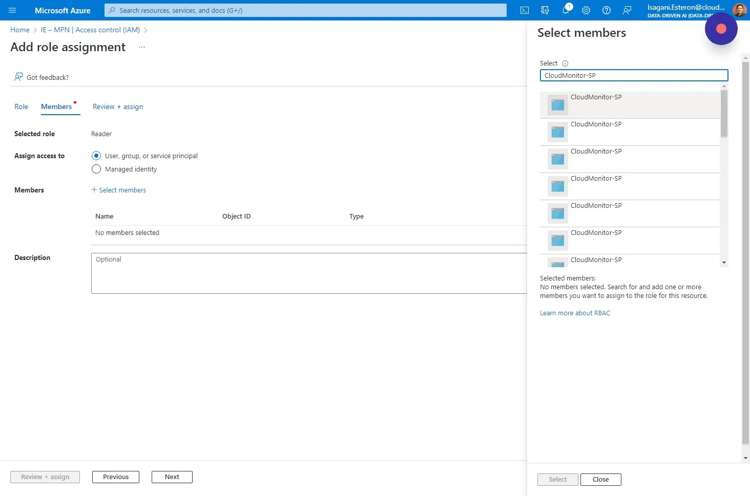 Type in the name of your Service Principal and select it from the drop down list