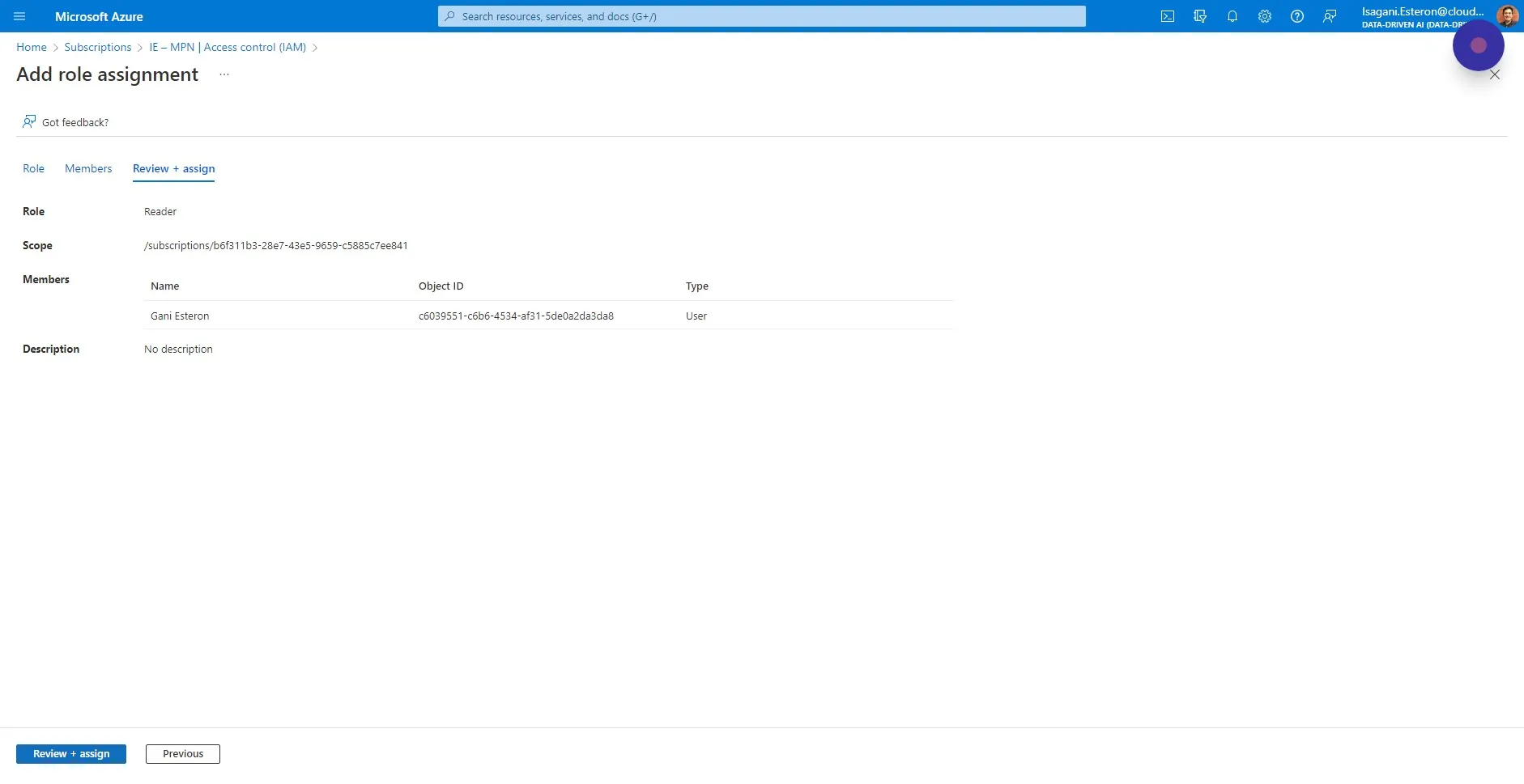 Review the details and click "Review + assign"