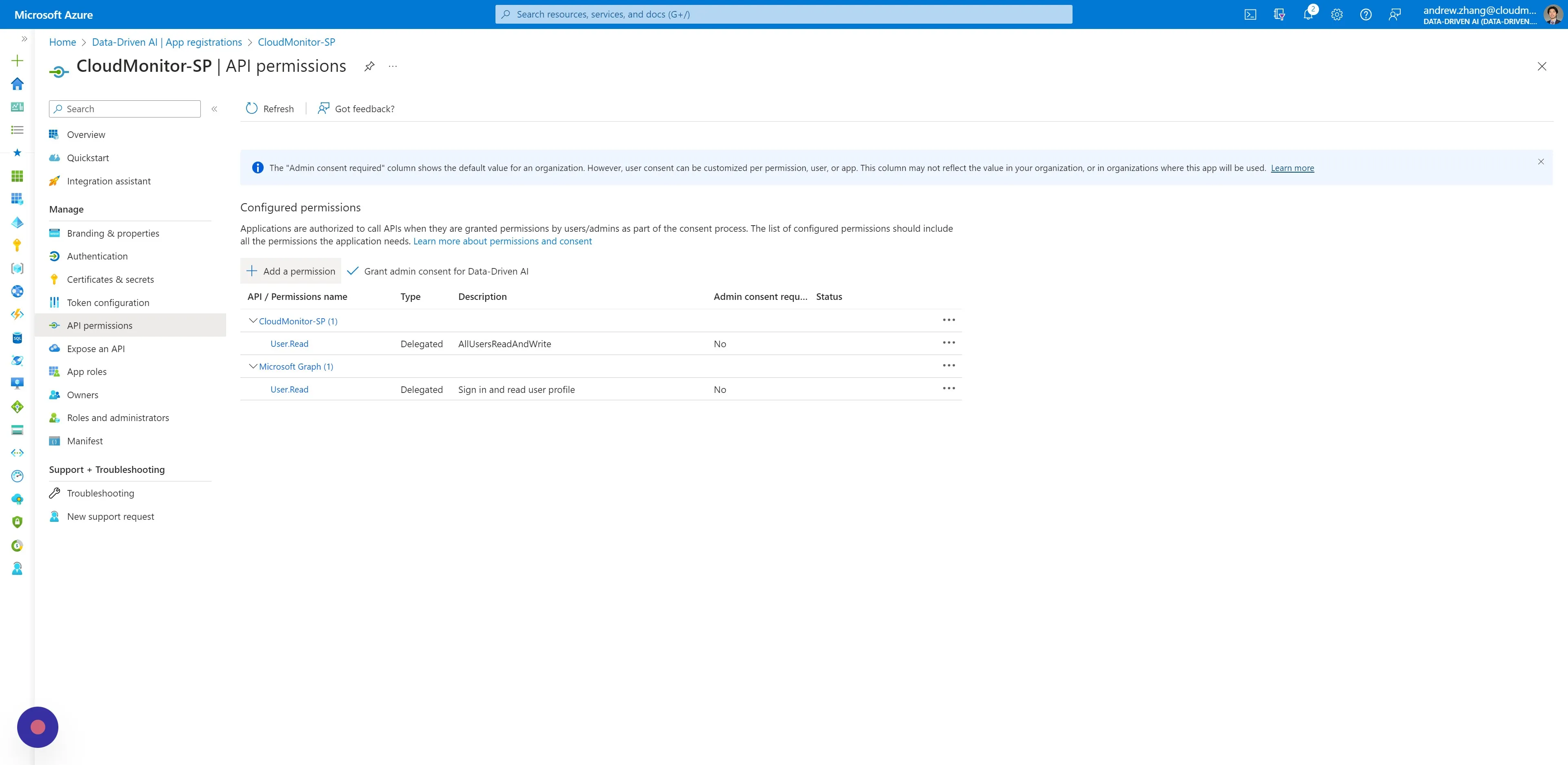On the side menu, under Manage, click "API permissions" and then click "Add a permission"