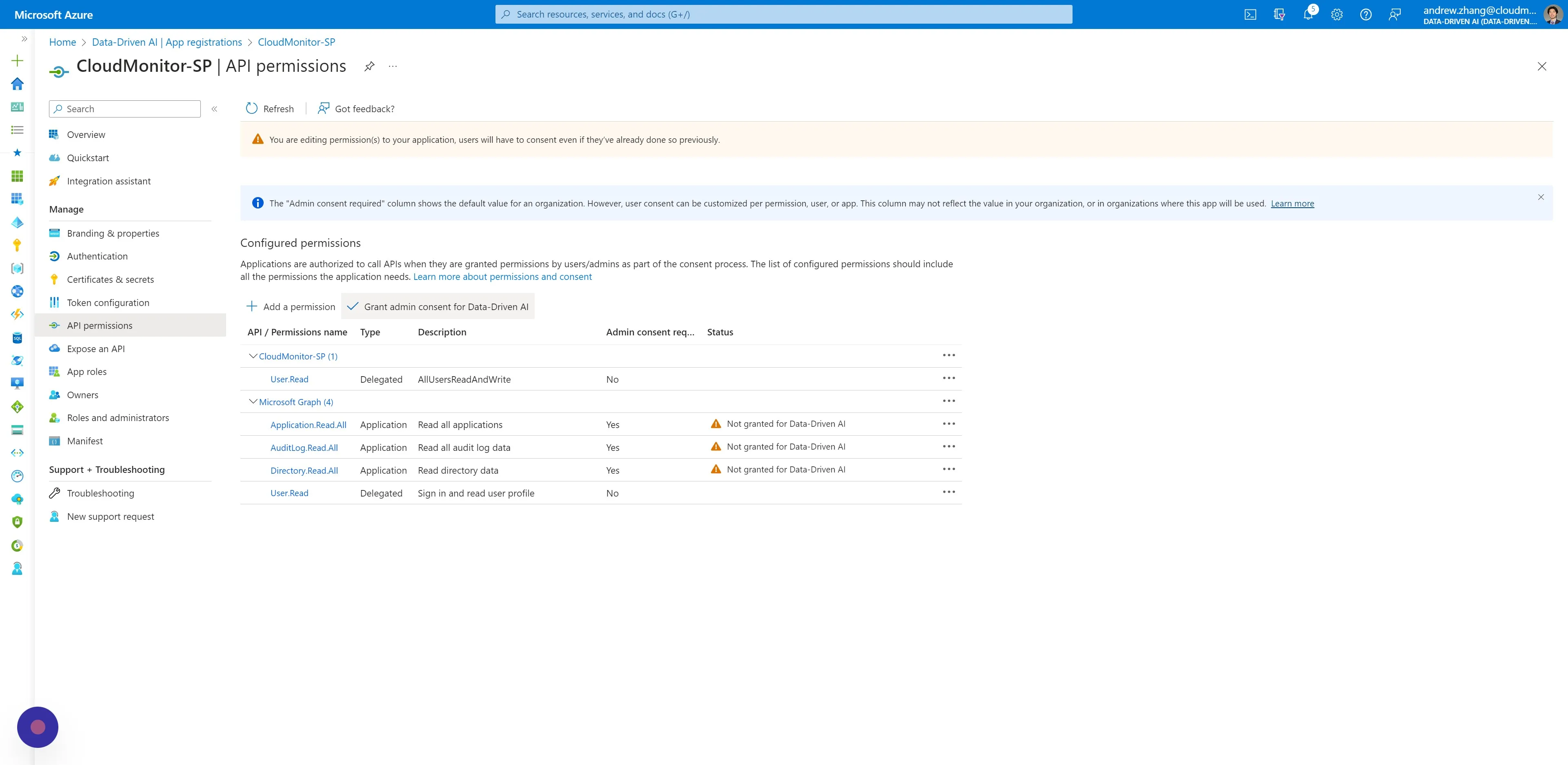 Click "Grant admin consent for ...". This action requires a user with Admin rights