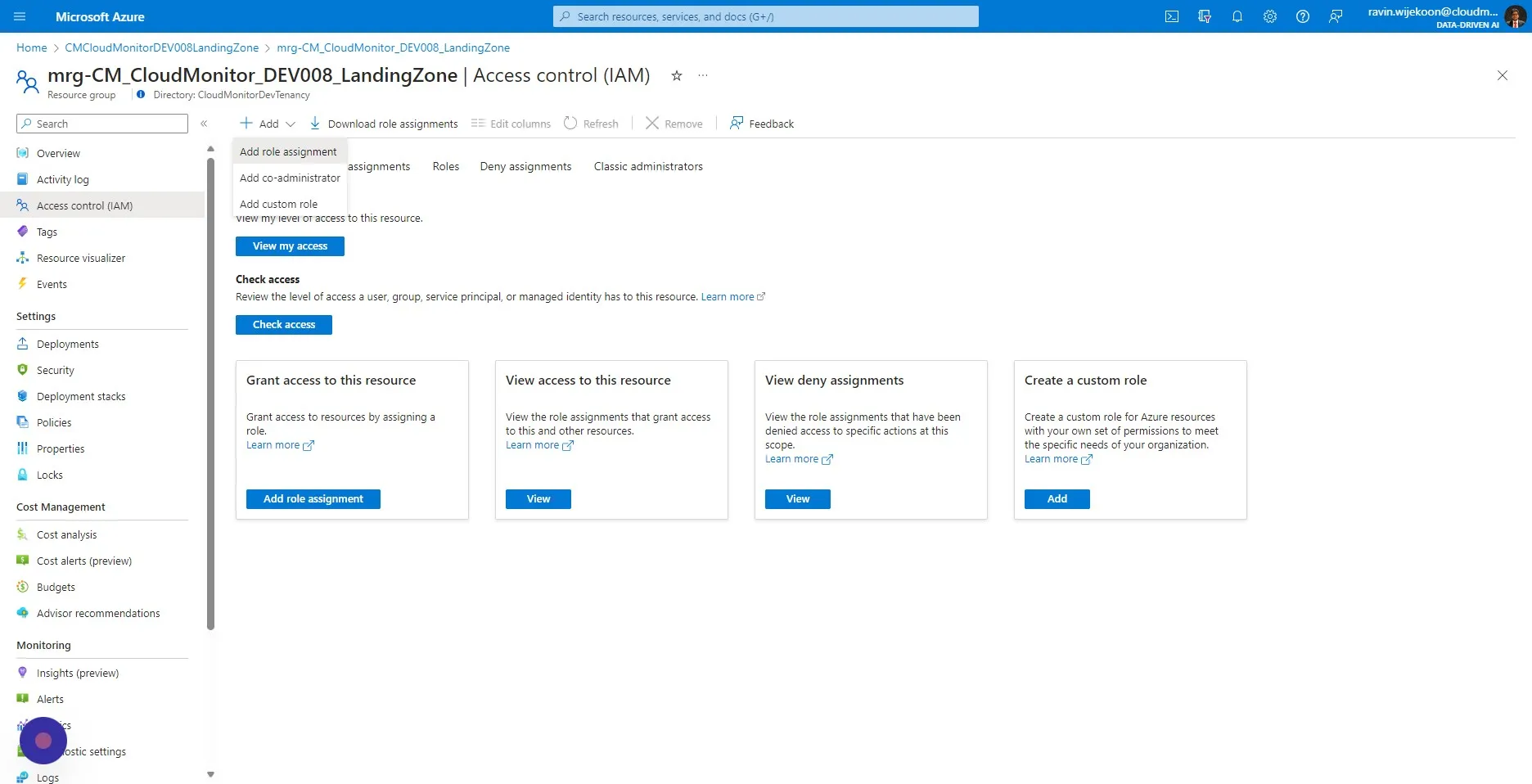 Click on "+Add" and then select "Add role assignment"