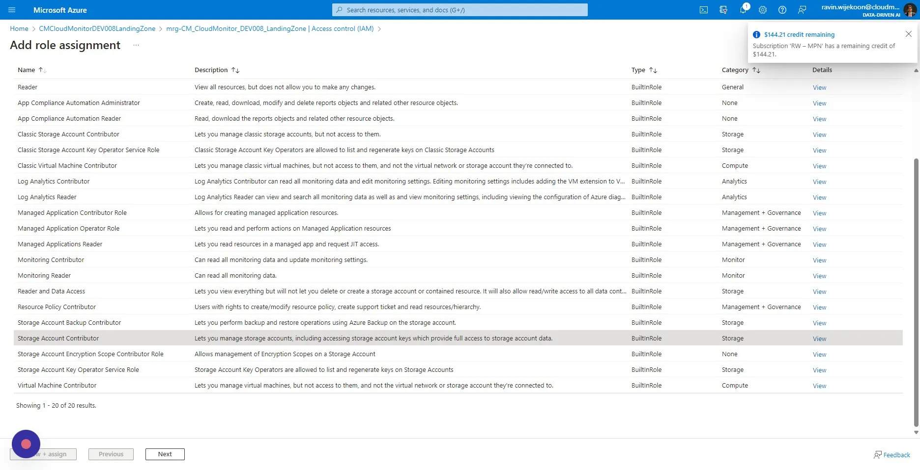 Search and select "Storage Account Contributor"