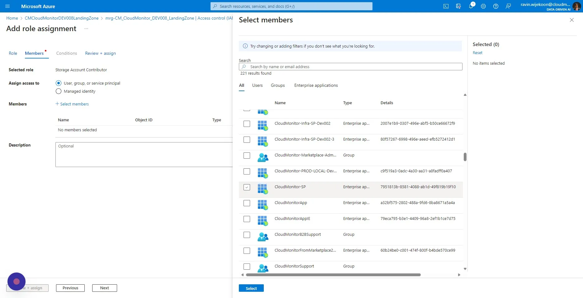 Select the CloudMonitor Service Principal which was used in the installation. \ In this case we are selecting "CloudMonitor-SP"