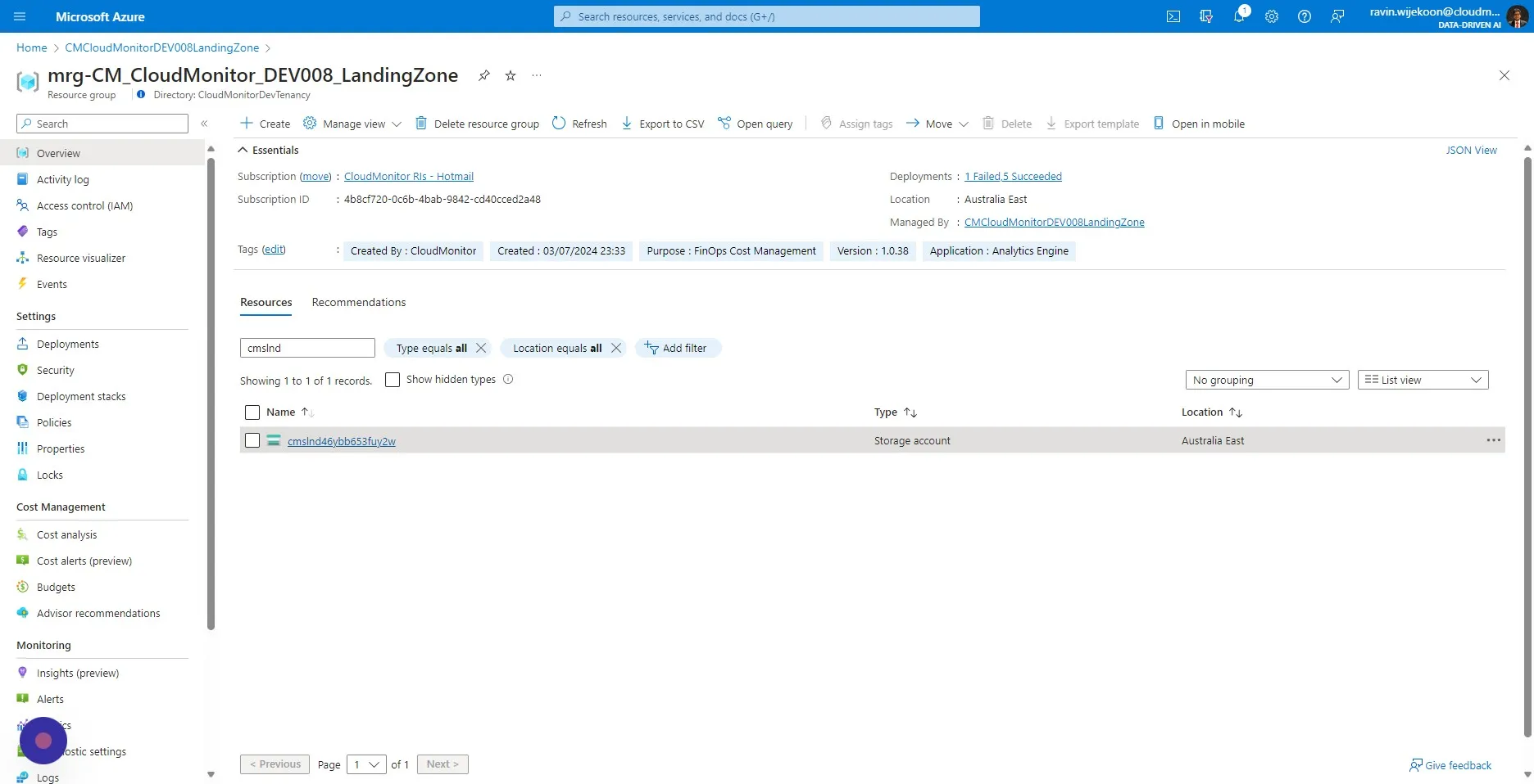 Search for "cmslnd" in the search box and select the storage account which appears