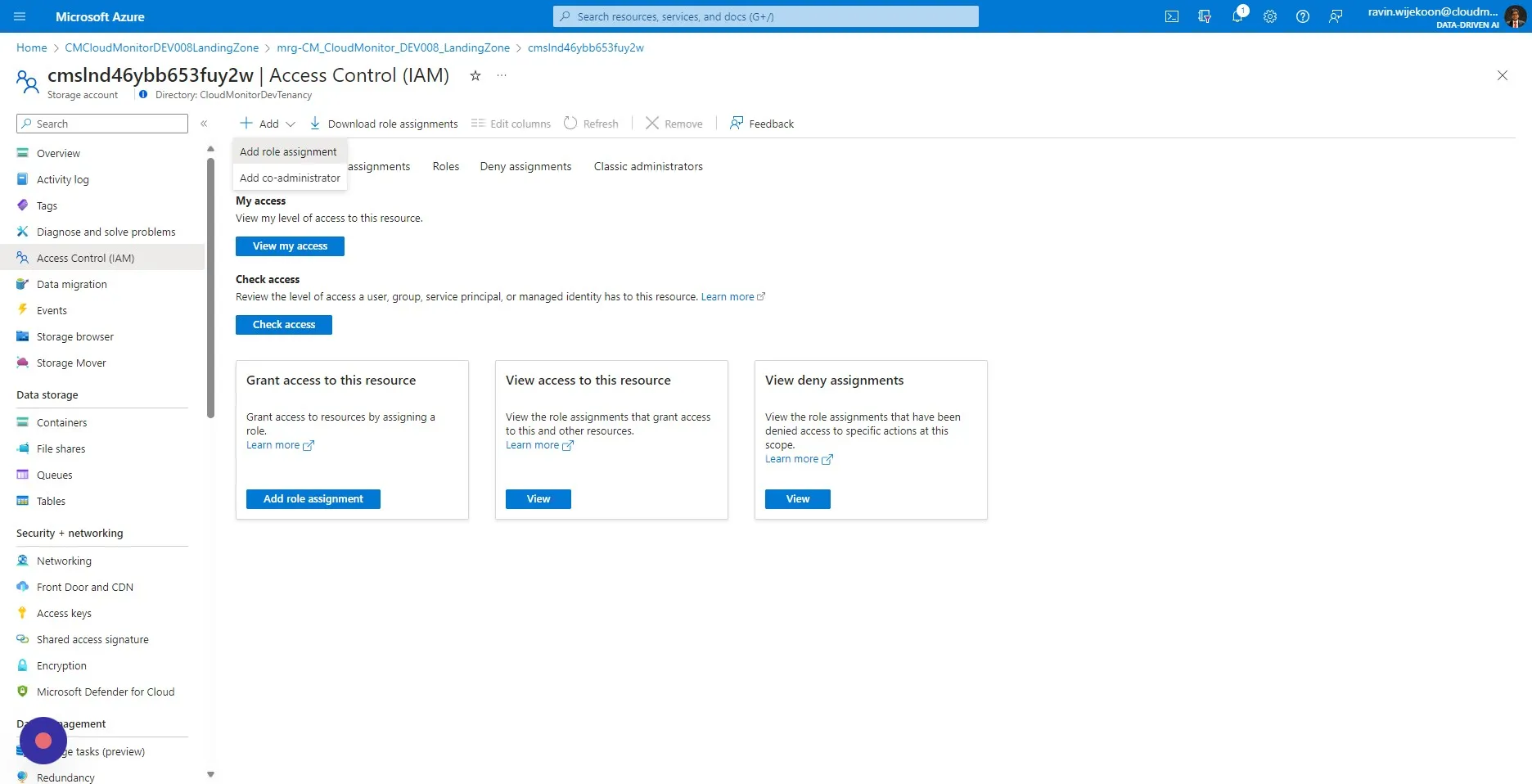 Click on "+Add" and then select "Add role assignment"