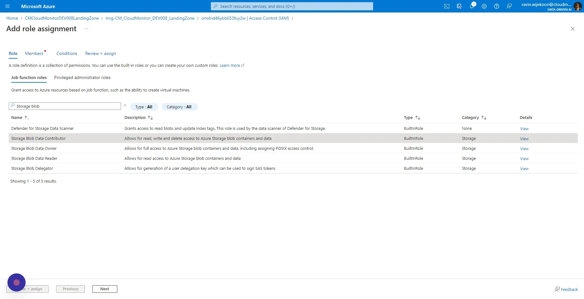 Search and Select "Storage Blob Data Contributor"