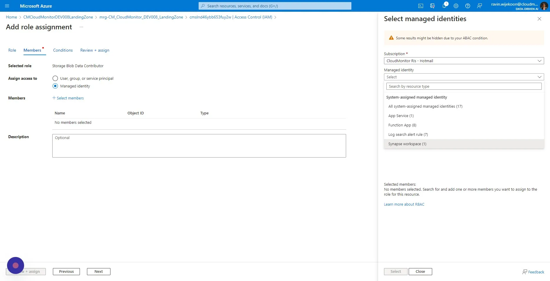Click the "Managed Identity" drop down and select "Synapse workspace"