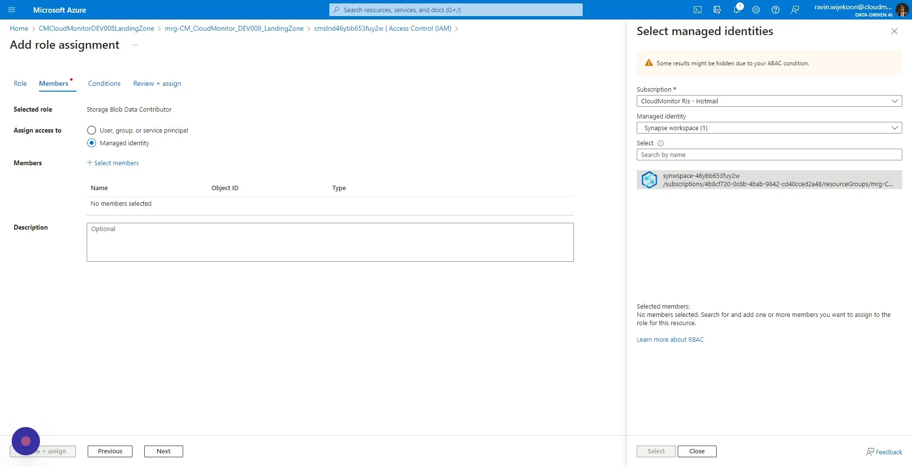 Click on the "Select" dropdown and select the synapse workspace appearing
