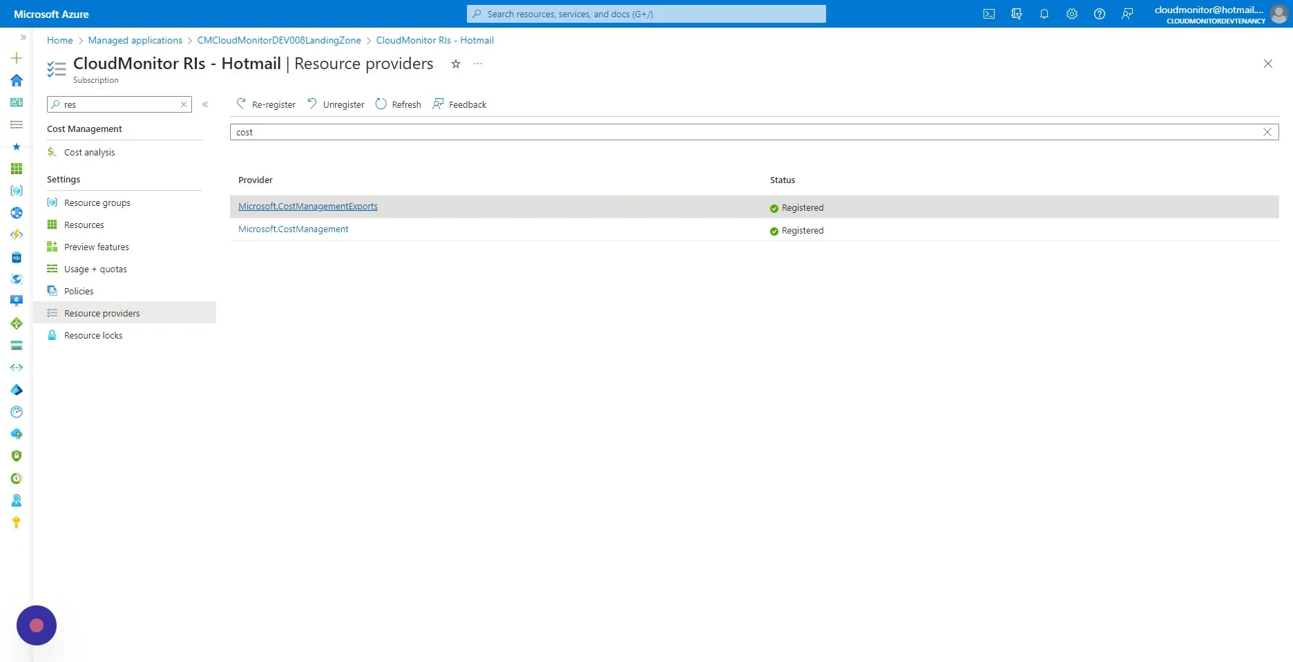 Search for "Microsoft.CostManagementExports" and select it