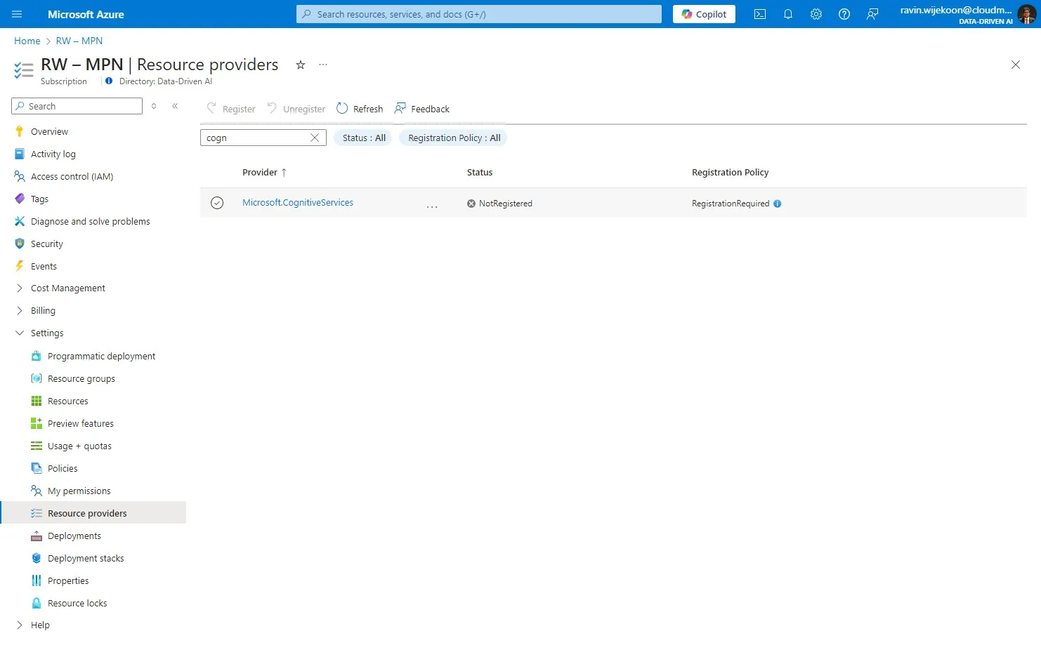 Then, Search for "Microsoft.CognitiveServices" and select it