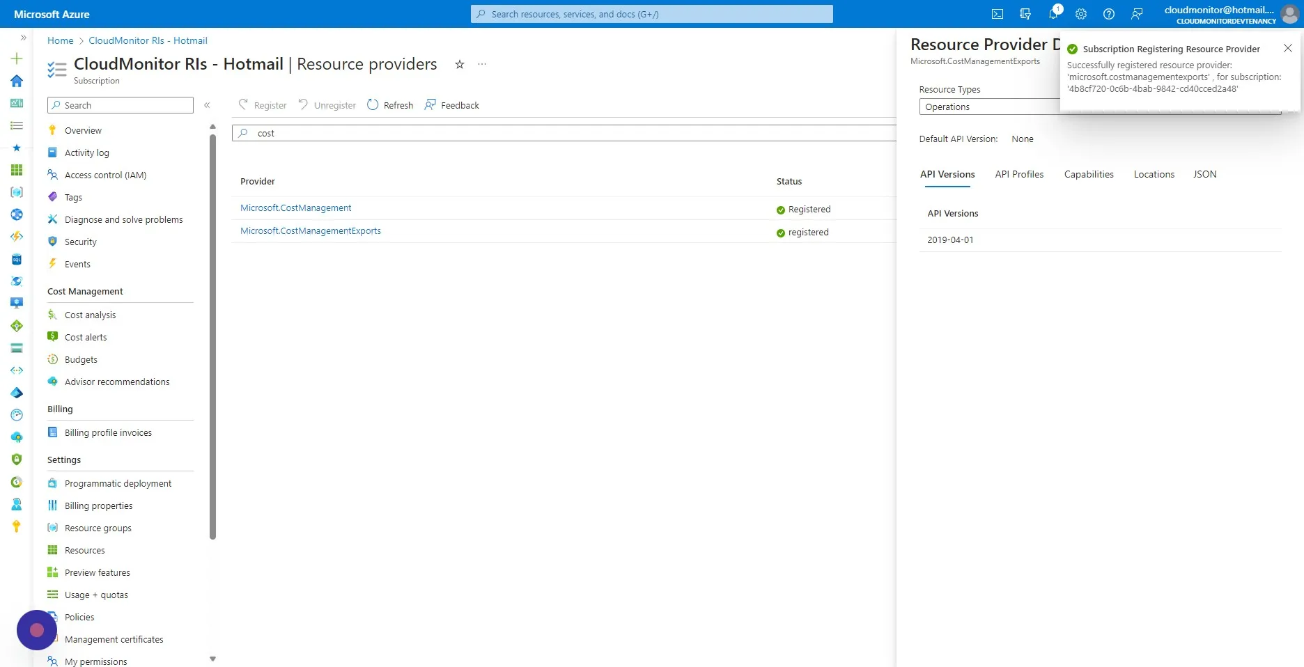 You will receive a notification for successfully registering the Resource Provider