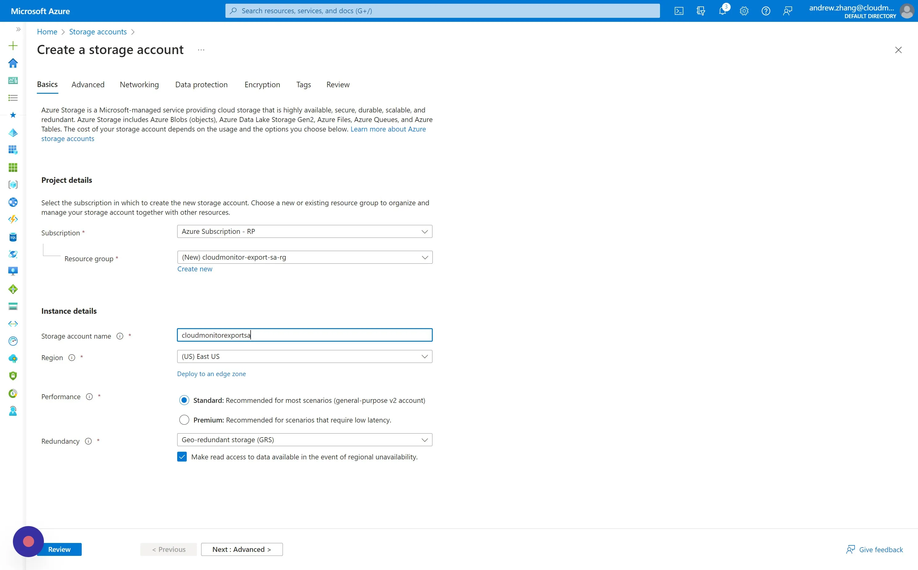 Name the Storage Account in accordance with your existing organisational tagging standards and naming conventions
