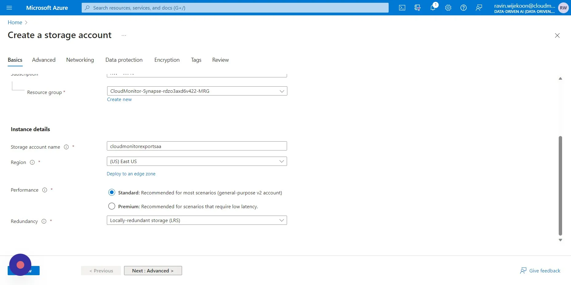 Choose LRS for storage redundancy, then click "Advanced"