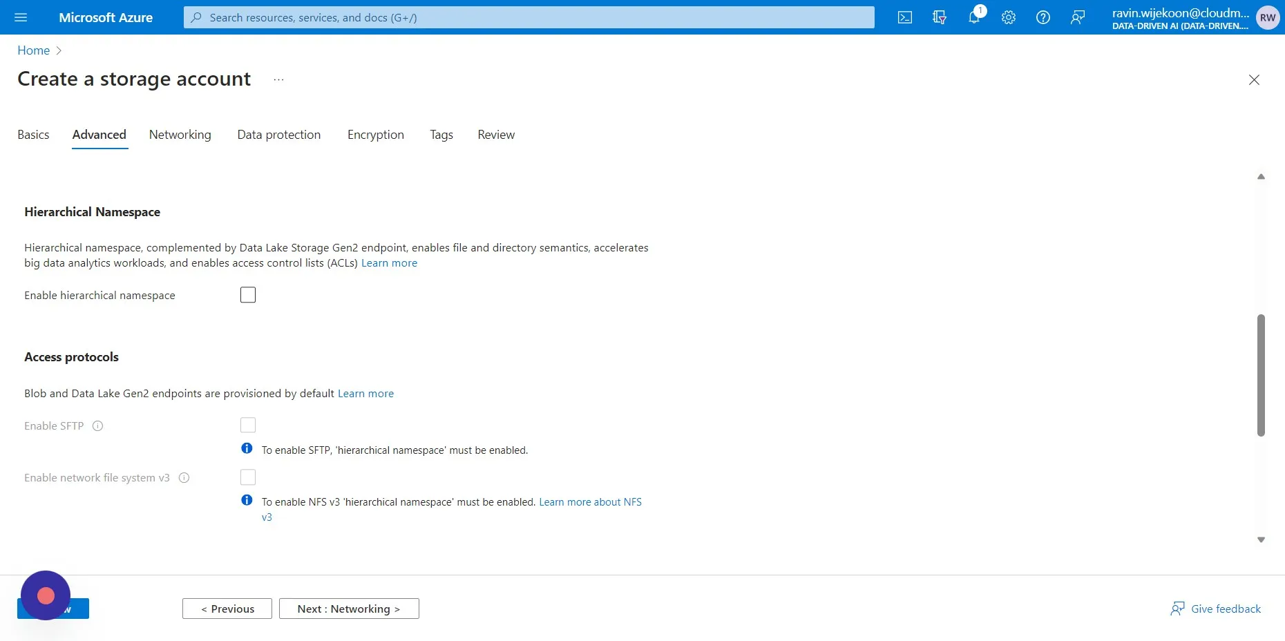 Make sure Hierarchical Namespace is unticked. then click "Review" and "Create"