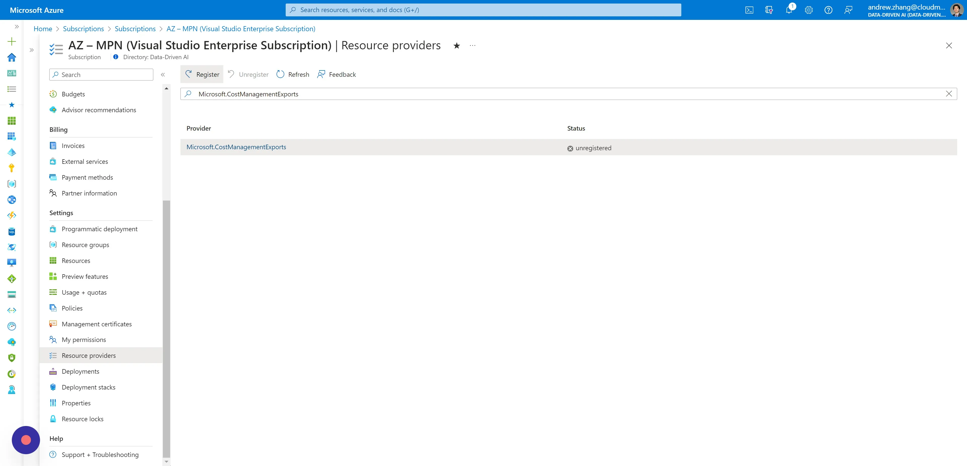 Filter by and select "Microsoft.CostManagementExports" and then click "Register"