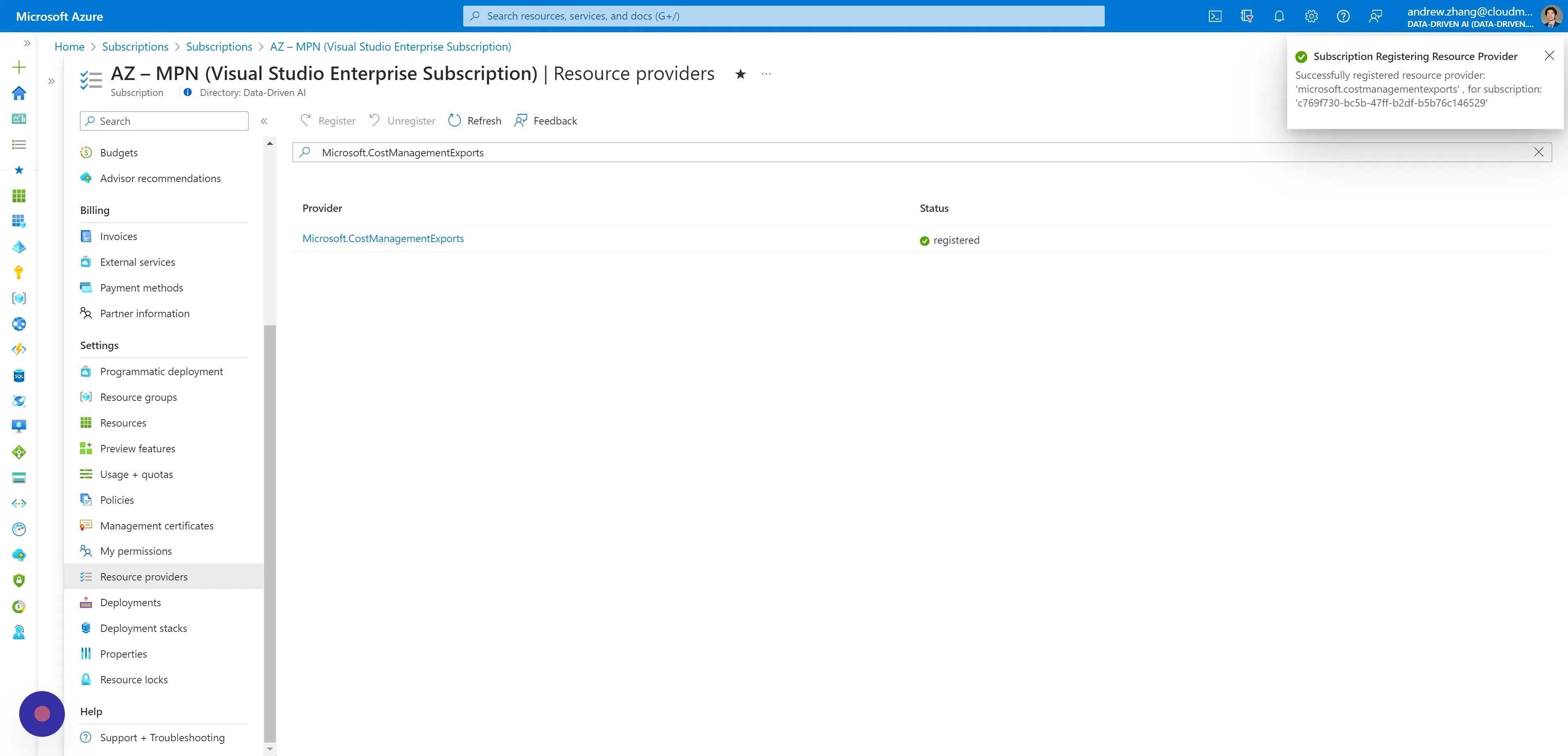 You will receive a notification for successfully registering the Resource Provider