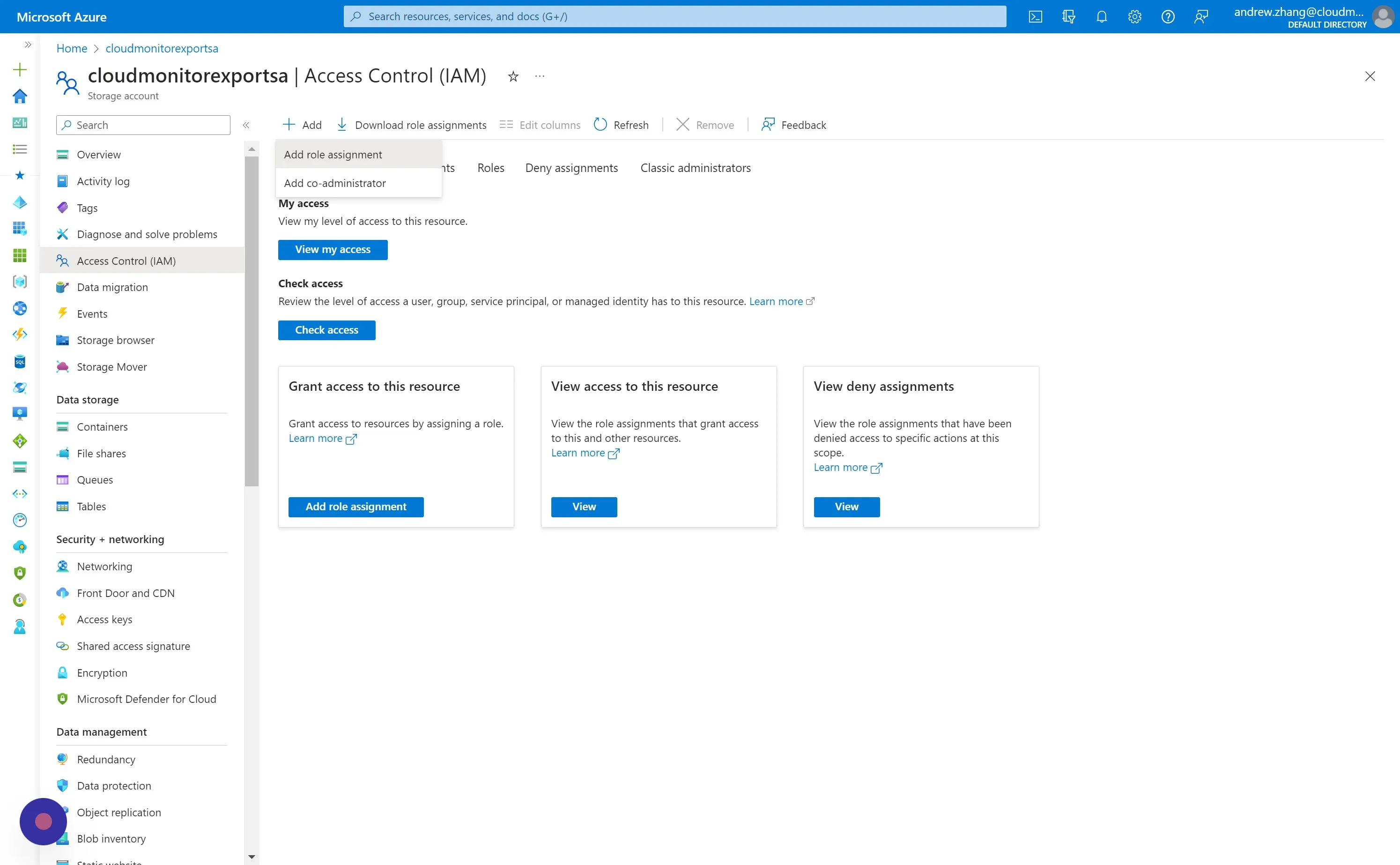Navigate to Access Control (IAM) and click "Add > Add role assignment"